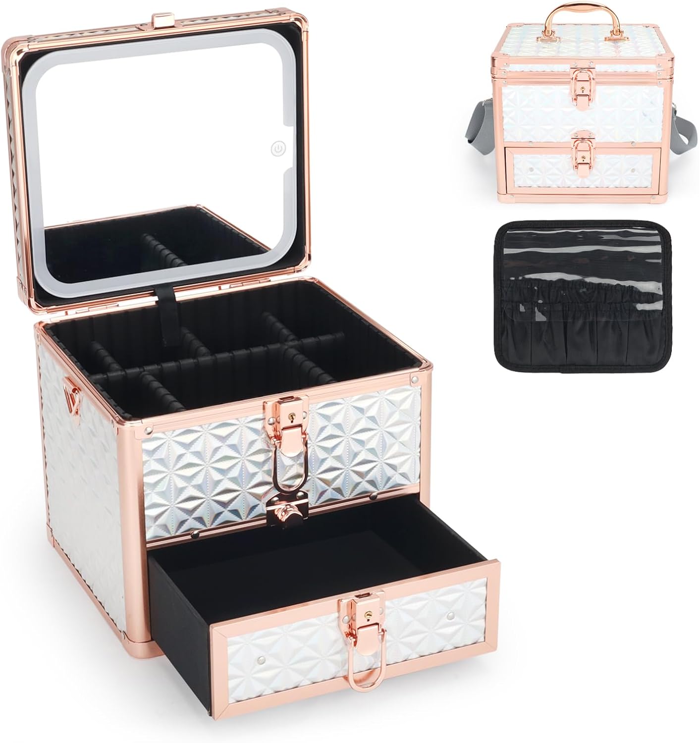 Makeup Case with Drawer, Travel Makeup Train Case with Magnetic LED Mirror, Cosmetic Organizer with Adjustable Divider - Sparkling White