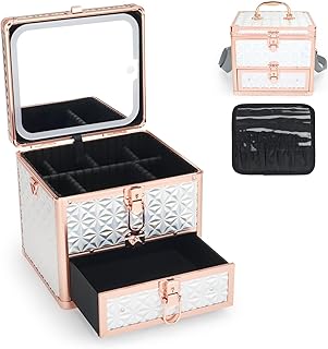 Estuche de maquillaje con cajón, espejo LED i...