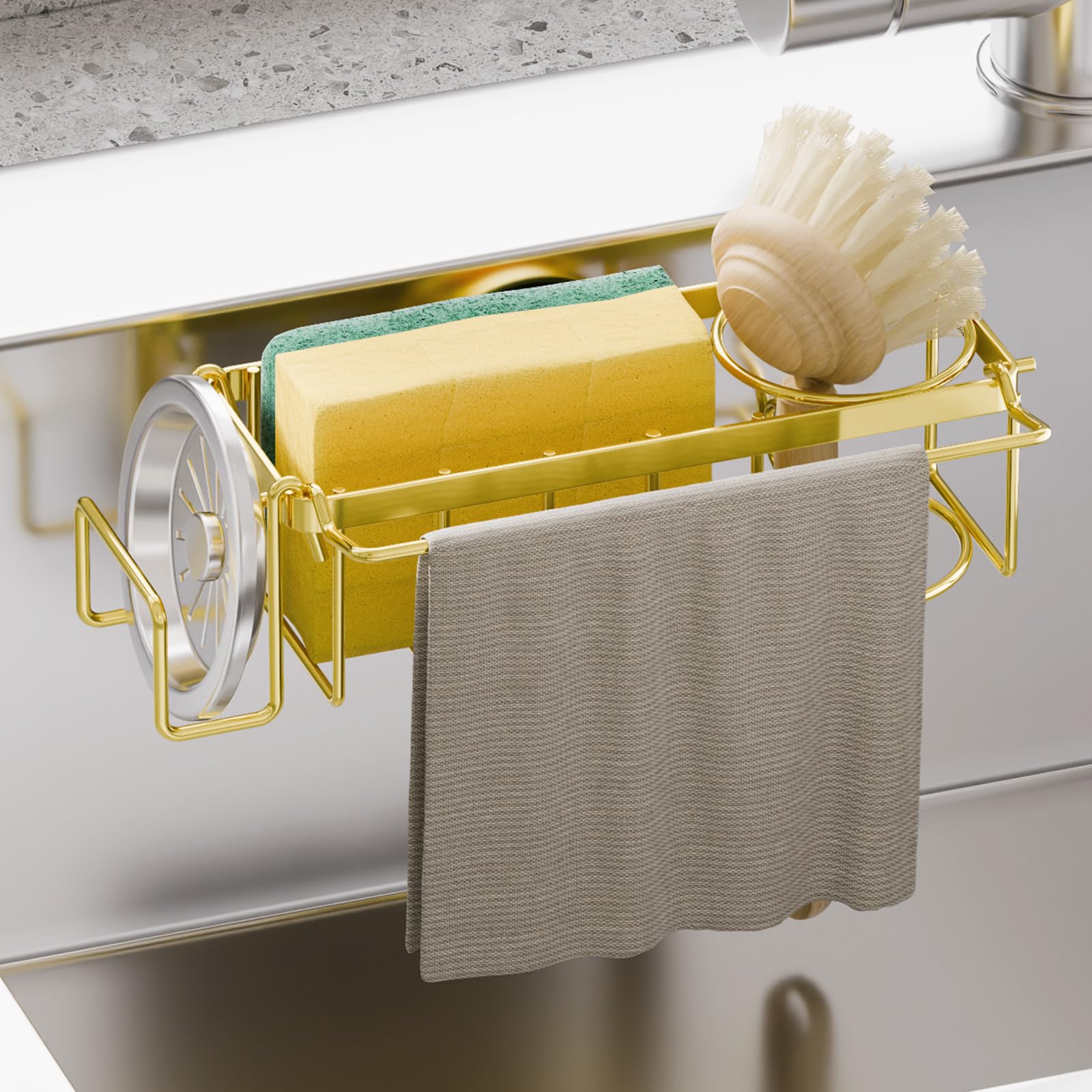 Photo 1 of TAILI Sponge Holder with Strong Suction Cup, 4-in-1 Rustproof Sink Organizer - Sink Caddy Holds Sponges, Brushes, Stoppers & Scrapers -Gold