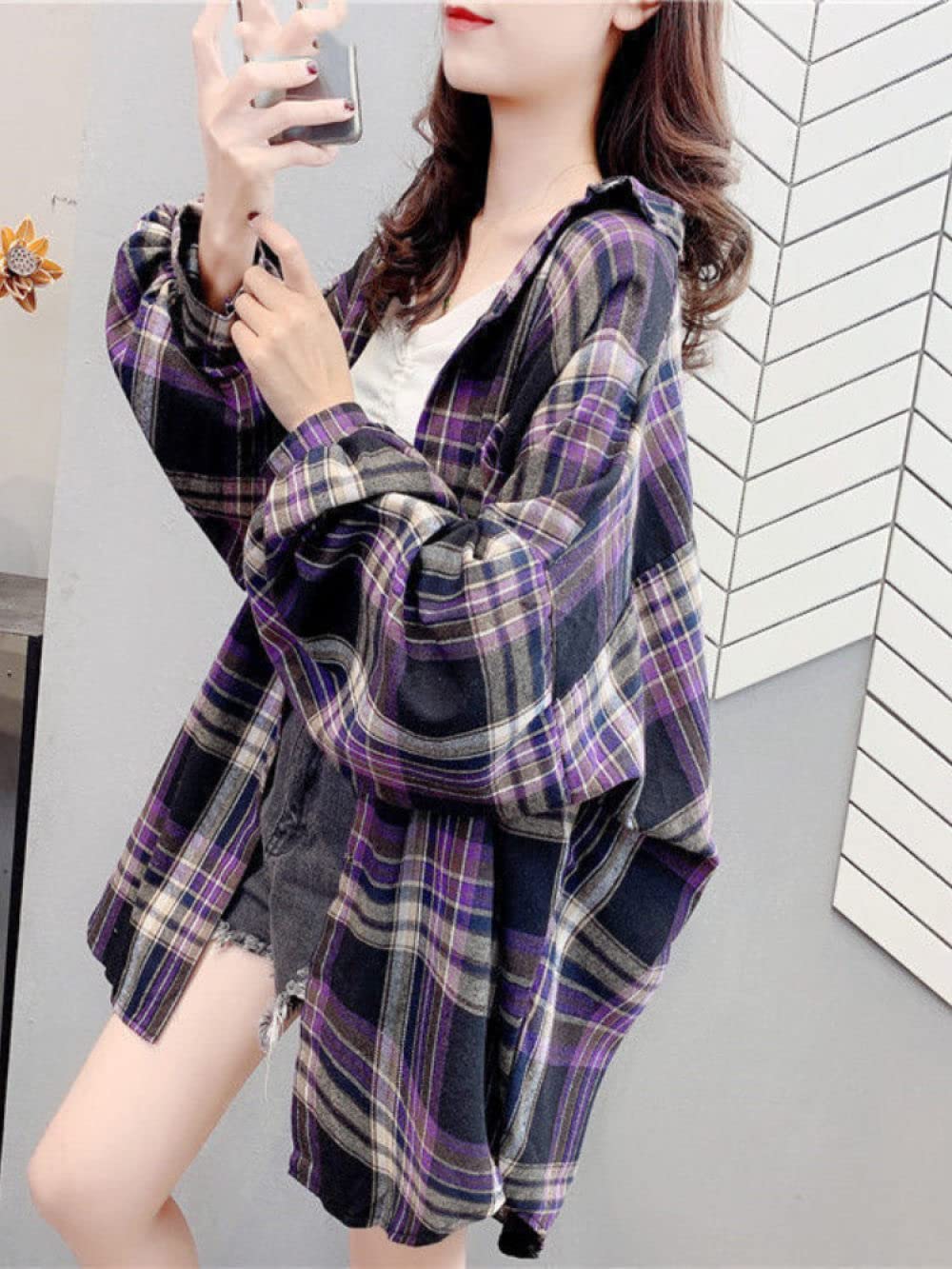 MIDJ Bluse Elegant Damen Hemd, Damen Holzfällerhemd Lang Lila Kariert Damen Flanellhemd Freizeitmantel Roll Up Sleeve Cardigan Vintage Button Sexy Shirt Boyfriend Tops Tunika für Mädchen Damen