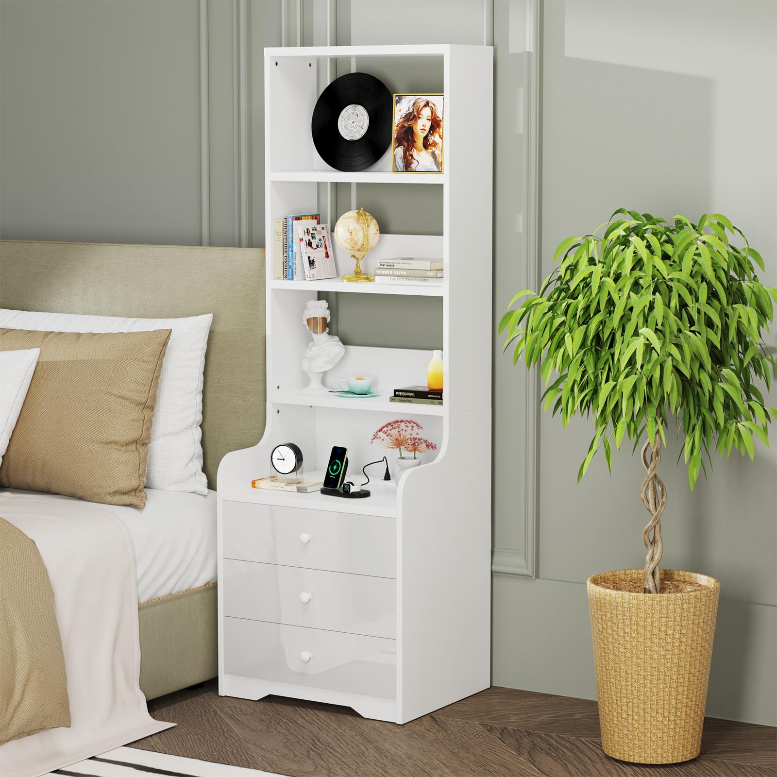Nachttisch mit Steckdosen Nachttisch Weiße Schminktisch mit Aufbewahrungsschränken Make up Organizer Kommode Beistelltisch mit Fächern