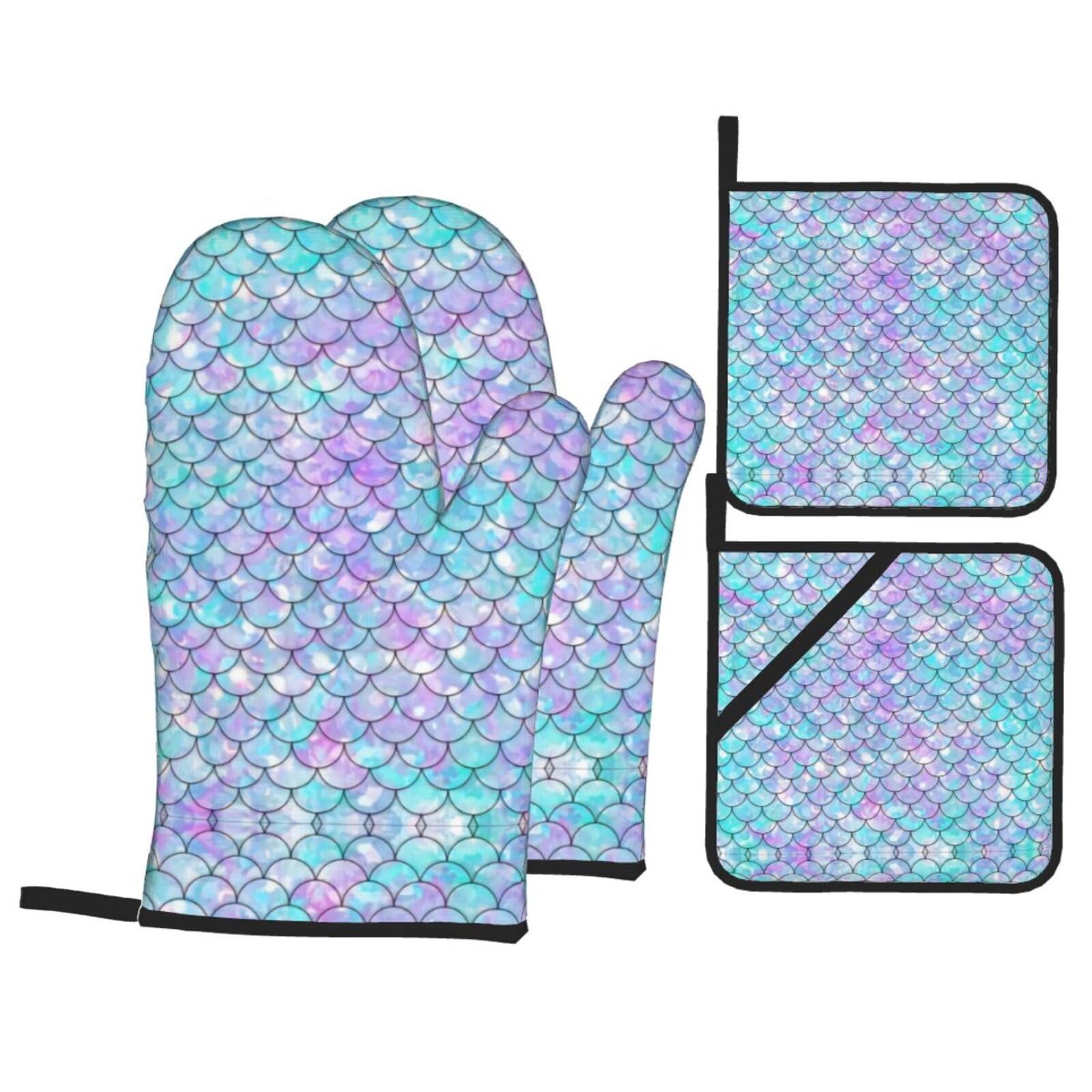 WHJSHOP Mermaid Prints Kitchen Layers: Waterproof Oven Covers for Safe Handling & Easy Cleanup – 4 Piece Heat Protection Bundle