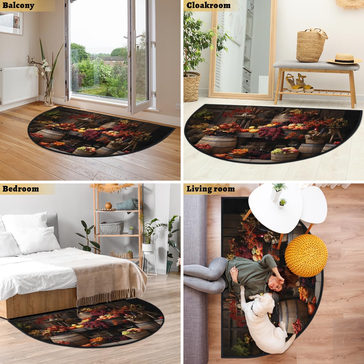 Mexpekil Paillasson demi-lune en forme de tonneau en bois pour intérieur et extérieur - Antidérapant - Lavable - Absorbant la saleté - 100 x 160 cm