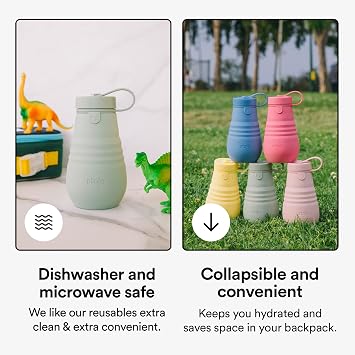 STOJO Jr Collapsible Bottle for Kids - Peony Pink, 14oz / 400ml - Leak-Proof Reusable Silicone Travel Cup for Hot & Cold Drinks - For Home, On-The-Go Camping & Hiking - Microwave & Dishwasher Safe