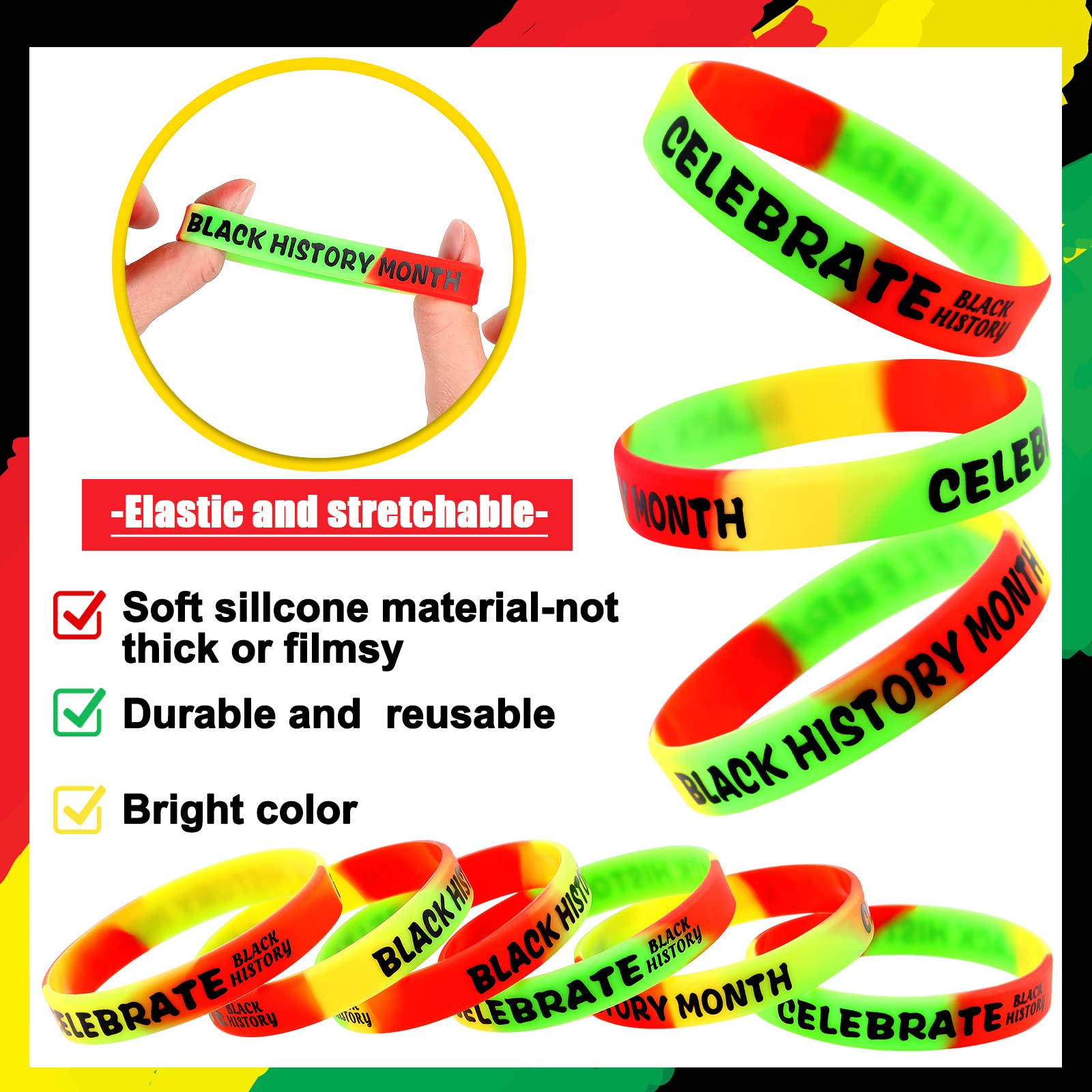 FSHANEE Gummi-Armbänder Für Black History Month – 24 Stück, Silikon, In Pan-Afrikanischen Farben
