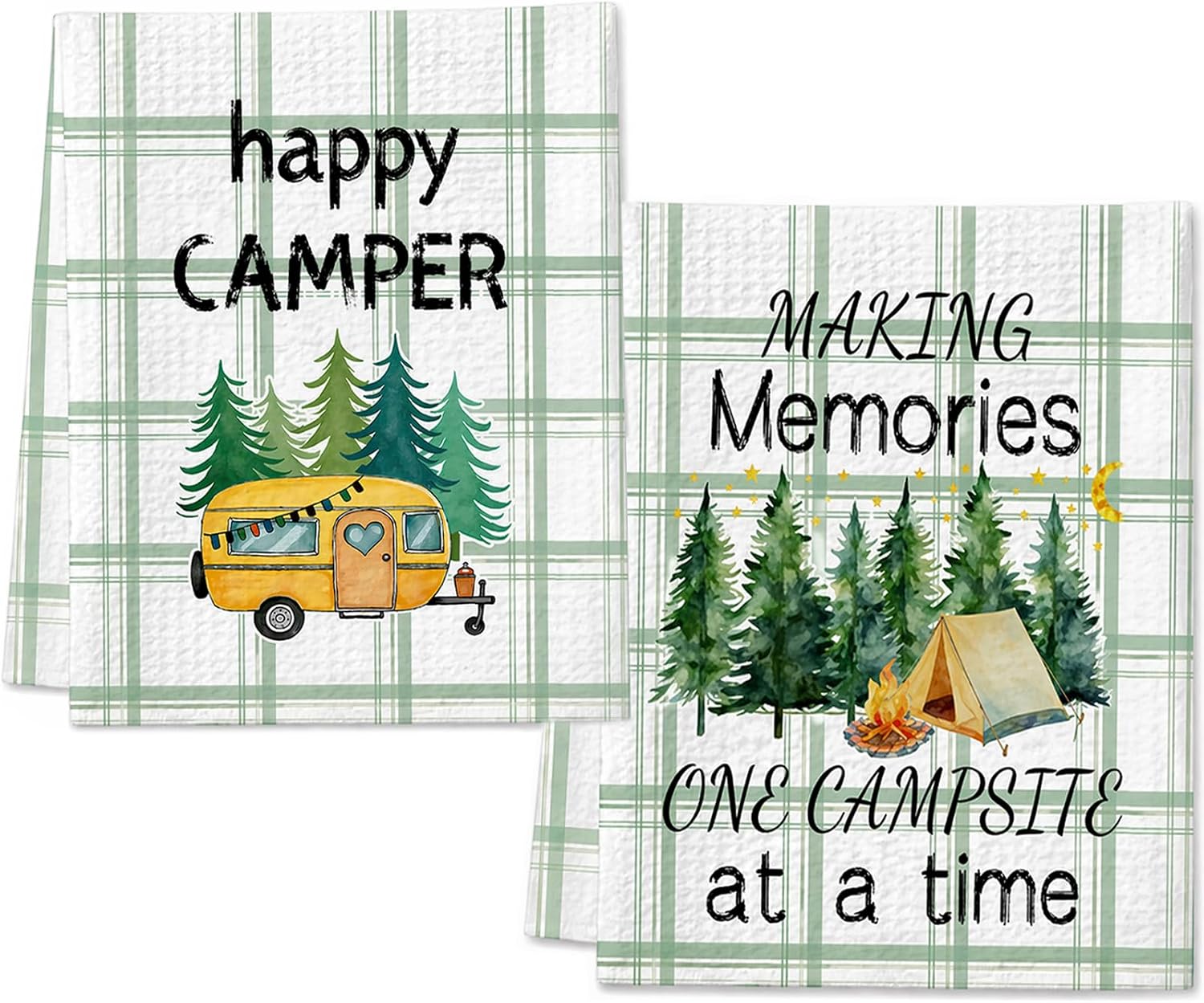Camping Kitchen Towels 2 Pieces - Funny Happy Camper Decor Dish Towels, Cute Camping Dish Towels Accessories for RV Camper, Camping Decor for Camper & Camping Lovers Gifts