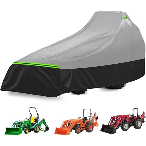 Compact Tractor Cover, Compatible with John Deere, Kubota, Mahindra with Front Loaders and Backhoes, Heavy Duty 500D PVC with Air Vents & Reflective Strips, Gray