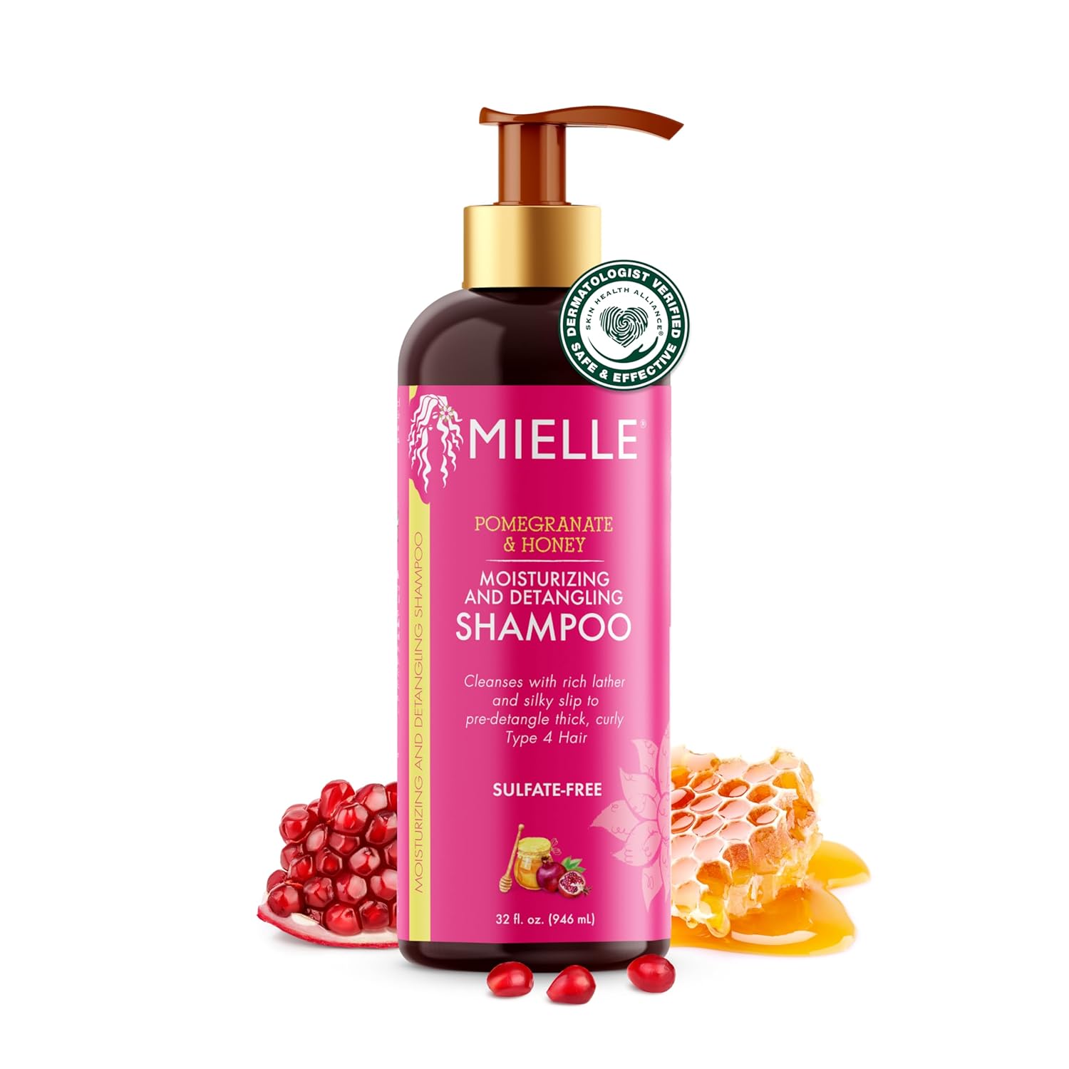 Mielle Organics Pomegranate & Honey Detangling & Moisturizing Shampoo - Curly Hair Shampoo for Women - Enriched with Honey & Babassu Oil to Lift Dirt, Loosen Tangles & Retain Moisture (32 Fl Oz)