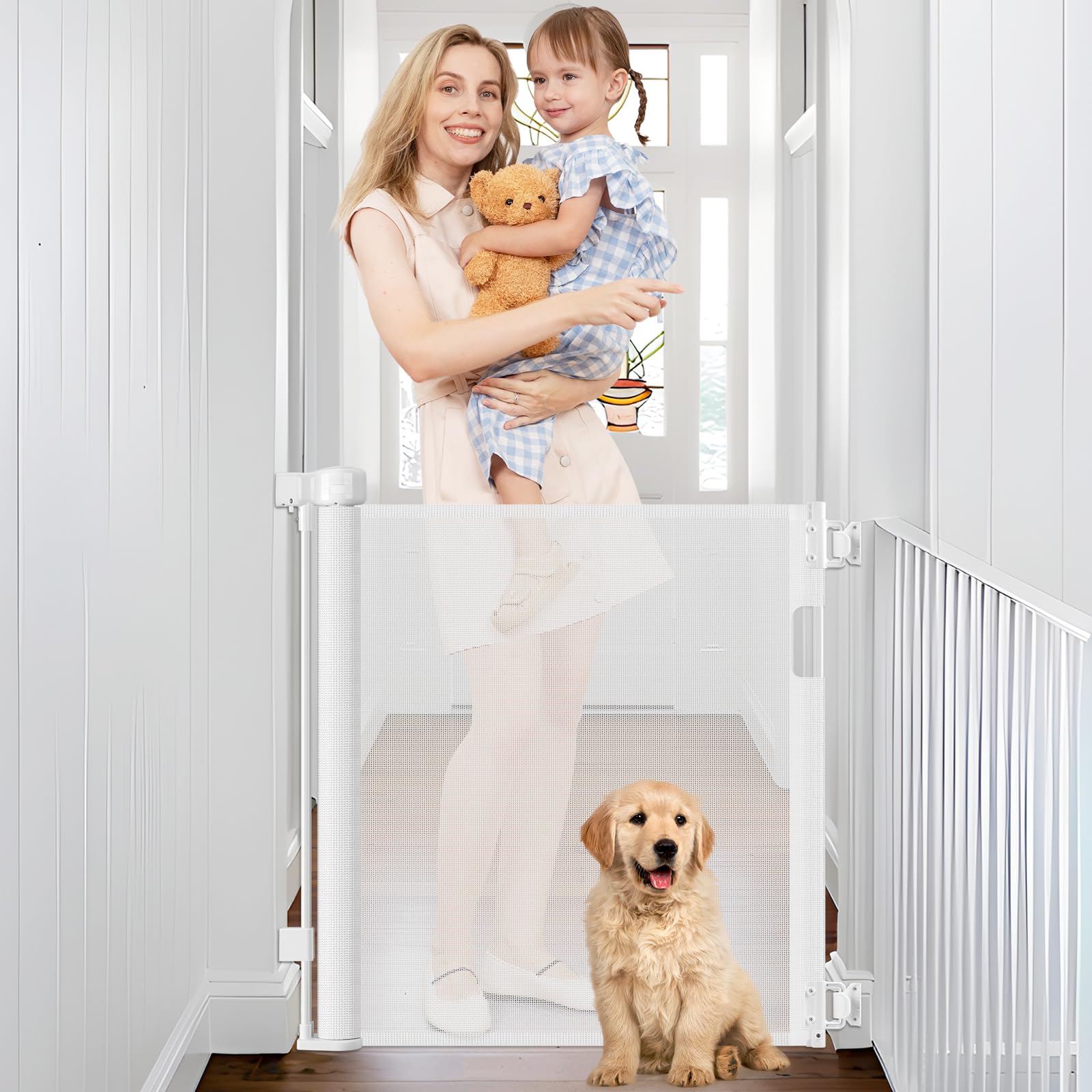 Retractable Baby Gates 0"-39" Wide Narrow Pet Gate, 33" Tall Retractable Dog Gates for Doorways Mesh Dog Gate Indoor Narrow Child Safety Gates for The House, White