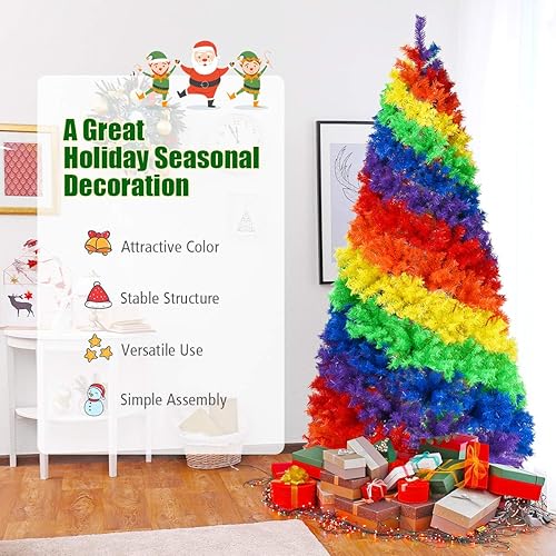Miniatura 4 de Goplus Árbol de Navidad artificial colorido arcoíris de 7 pies, árbol de Navidad con bisagras de abeto completo con 1213 puntas de rama, soporte de