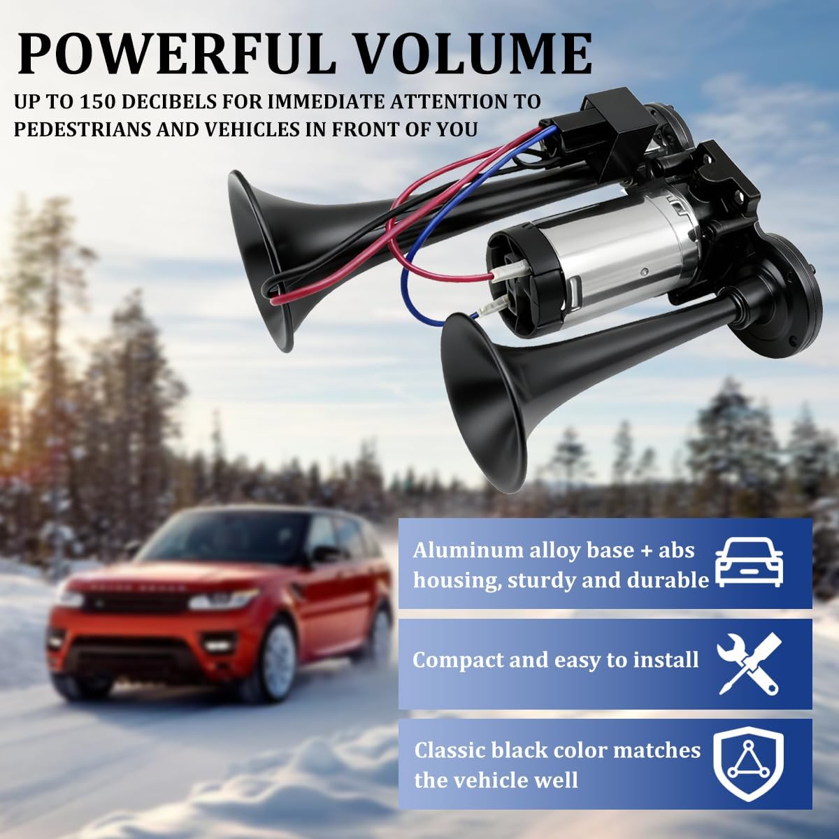 12V 135DB Car Electric Air Horn, Dual Trumpet Super Loud Truck Electric Air Horn with Air Compressor, Automotive Speaker Replacement, Universal for Truck Motorcycle Pickup Train (Black/Silver)