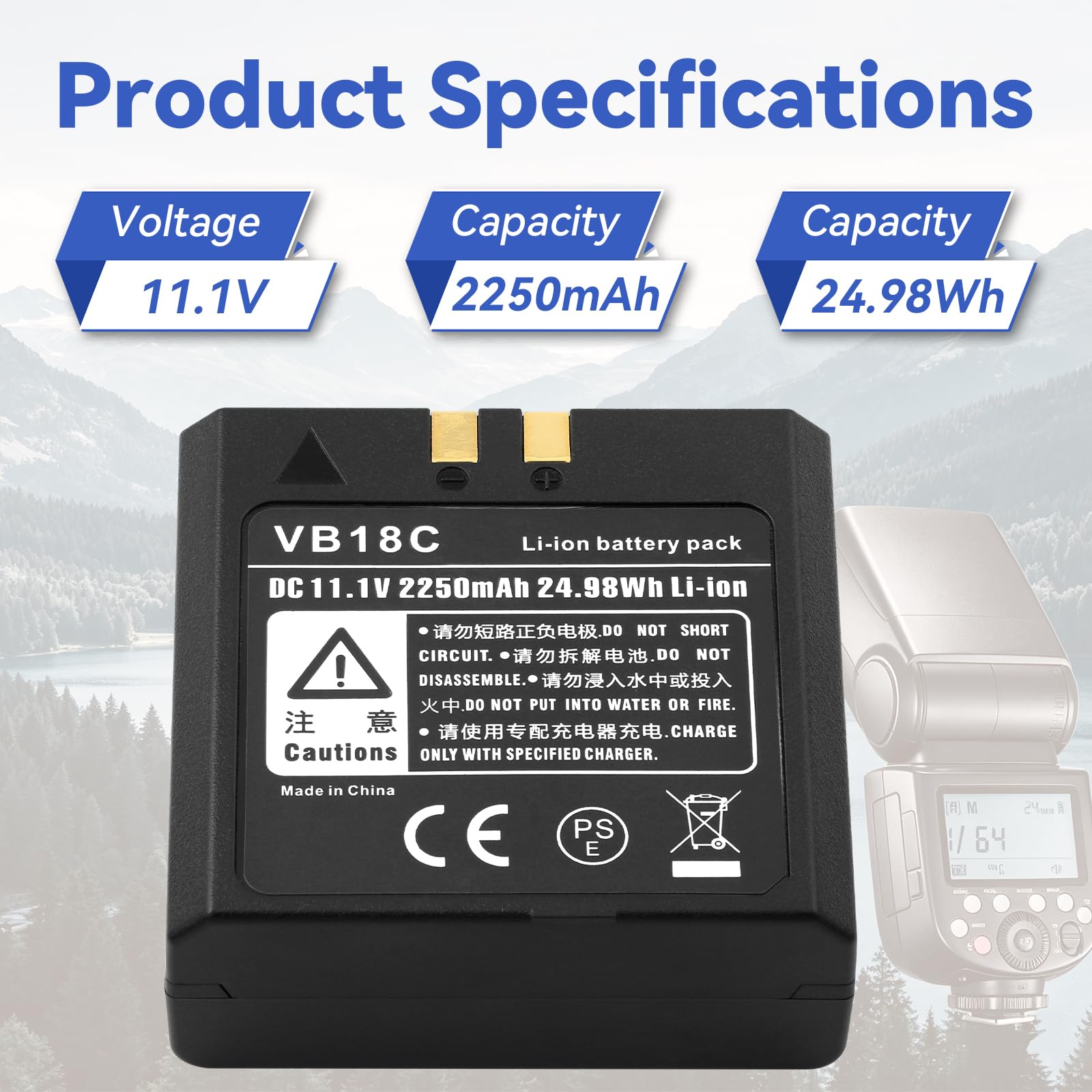 K KYUER VB18 Flash Batterie pour Godox V850 V860 V850II V860II Series, 2250mAh Batterie Compatible avec V860II-N V860II-C V860II-S V860II-F V860II-O, Neewer TT850, TT860 Speedlite Flash, Type-C Cable