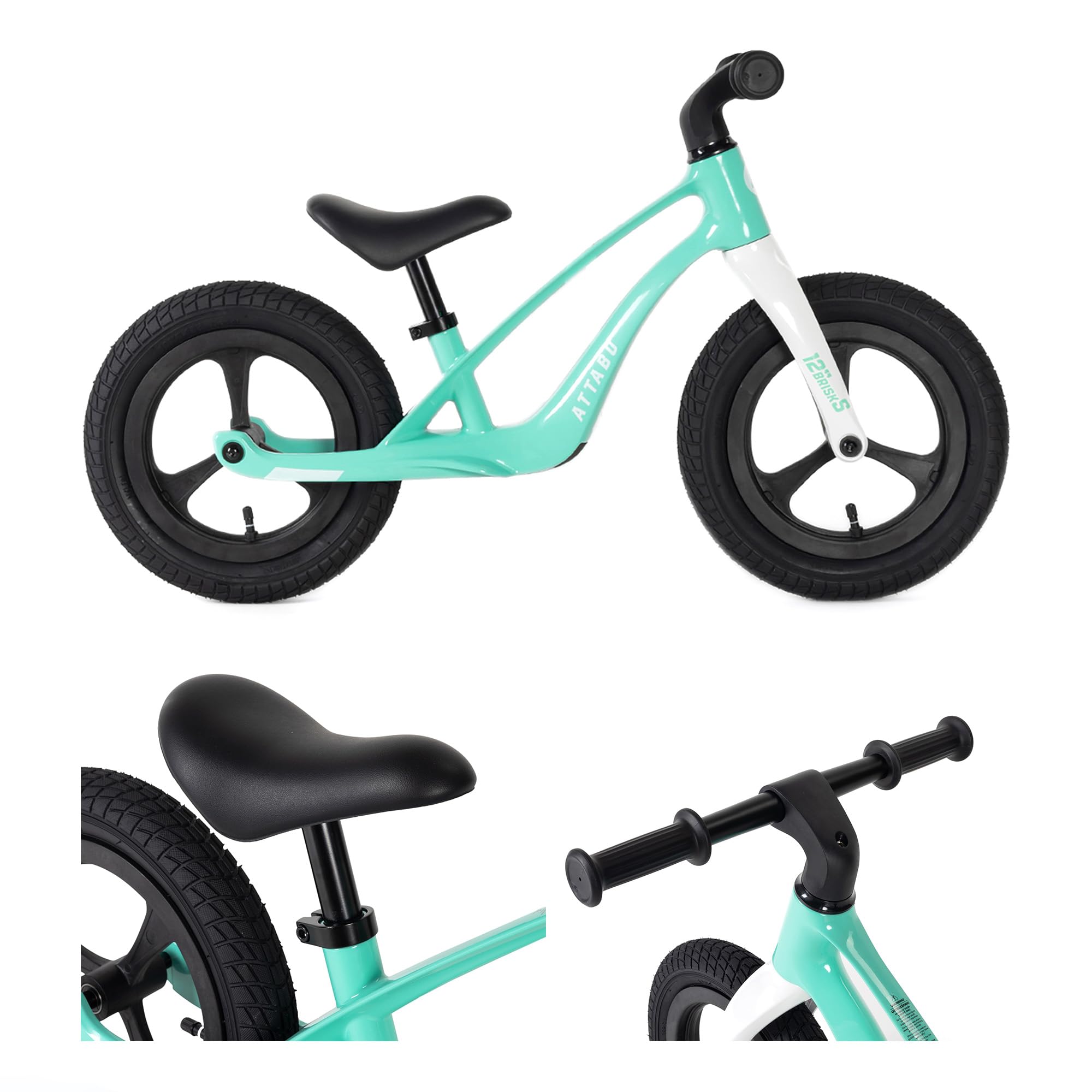 ATTABO Brisk S rowerek dziecięcy 12" niebieski – lekka rama magnezowa, regulowane siodełko, podnóżki, cechy bezpieczeństwa, 3,8 kg