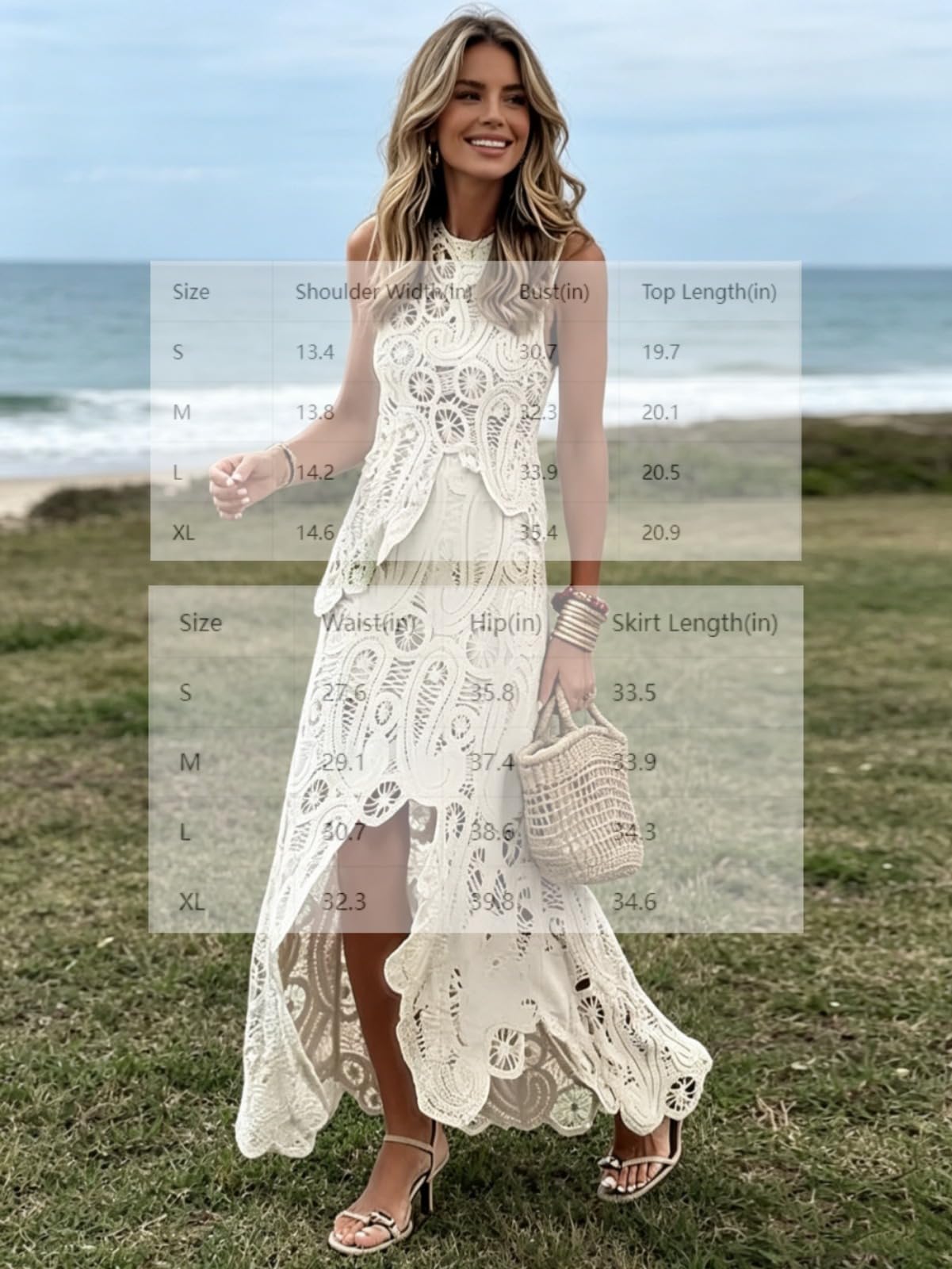Abito da donna Boho 2 pezzi senza maniche con top corto in pizzo e maxi gonna cava all'uncinetto abito da vacanza