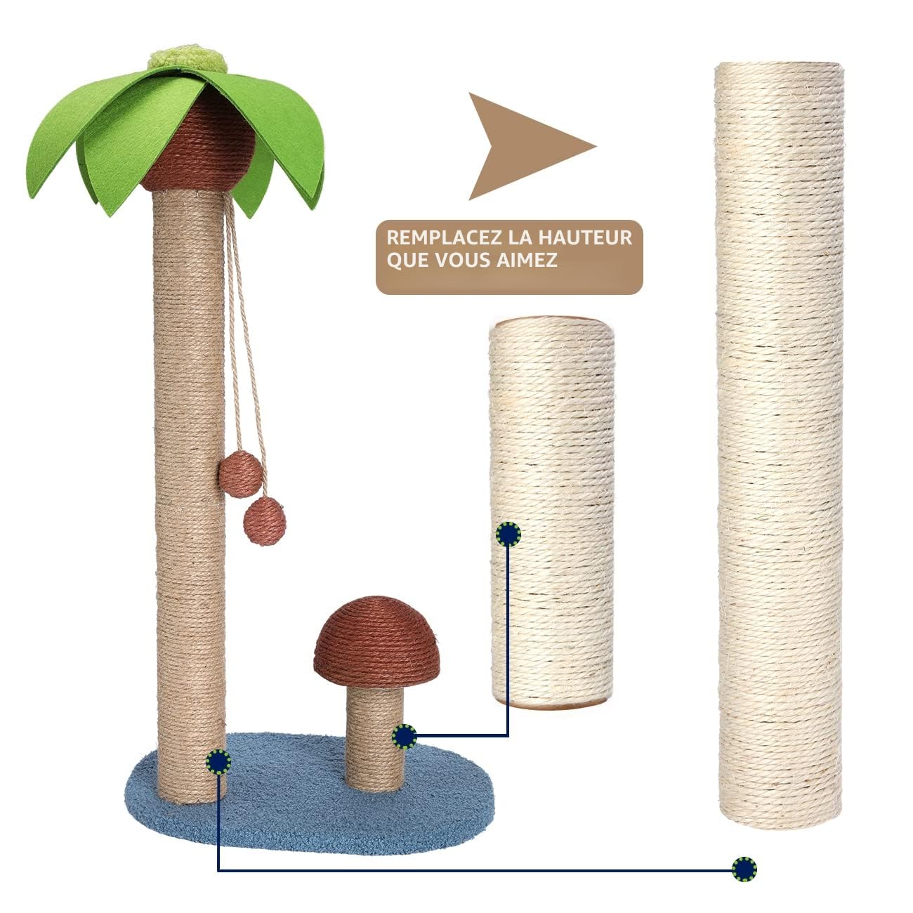 Griffoirs de Rechange en Sisal Naturel pour Chat - Diamètre 7cm- avec M8 Vis incluses- White (40cm+40cm+20cm+20cm)