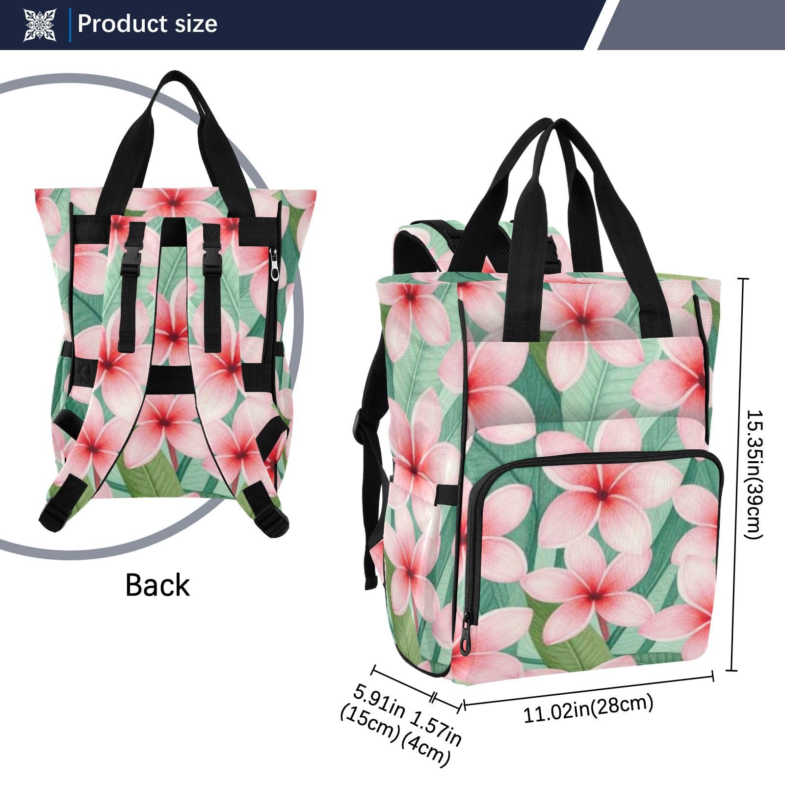 Mochila pañalera para mamás y papás, diseño de frangipani, color rosa