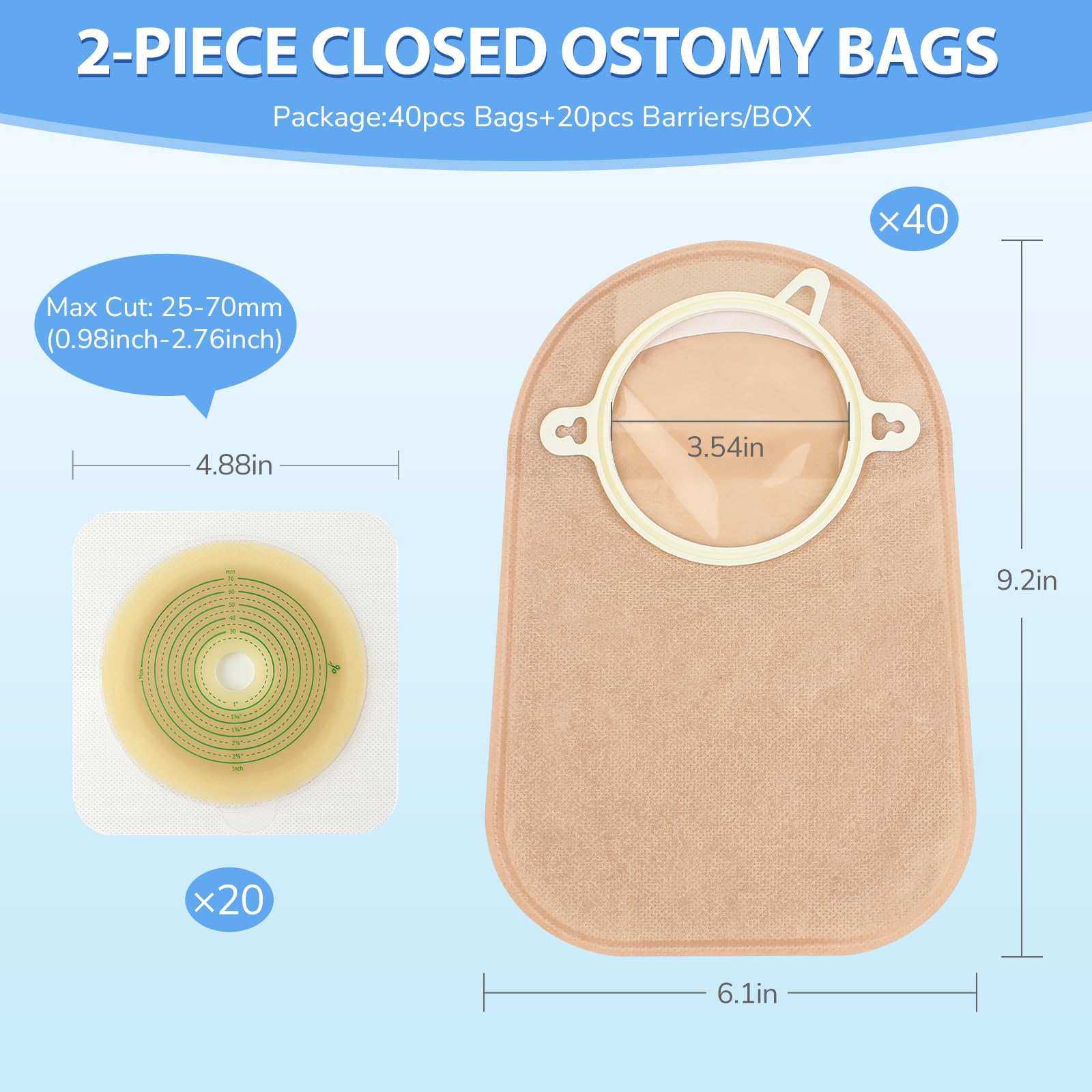 60 Piezas Bolsa de colostomía y suministros para ostomía, sistema cerrado de dos piezas, bolsa de ostomía para ileostomía, cortadas a un máximo de 70 mm(40 bolsas de colostomía + 20 barreras cutáneas)