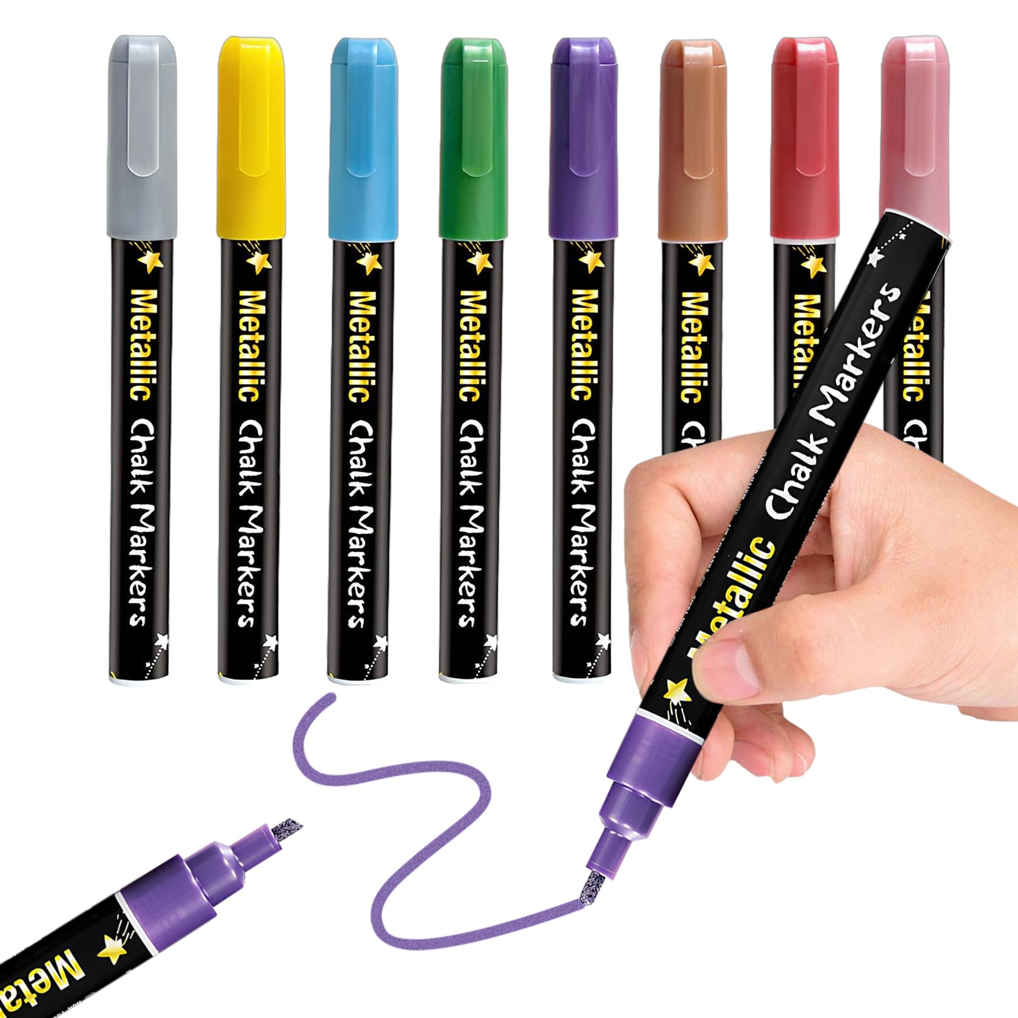 Liquid Chalk Markers - 8 Metallic Markers Dry & Wet Erase Marker Pens Washable Paint Chalk Pens for Chalkboard Signs, Car Windows, Blackboard, Glass, Dry-erase Board, Whiteboards - 3mm