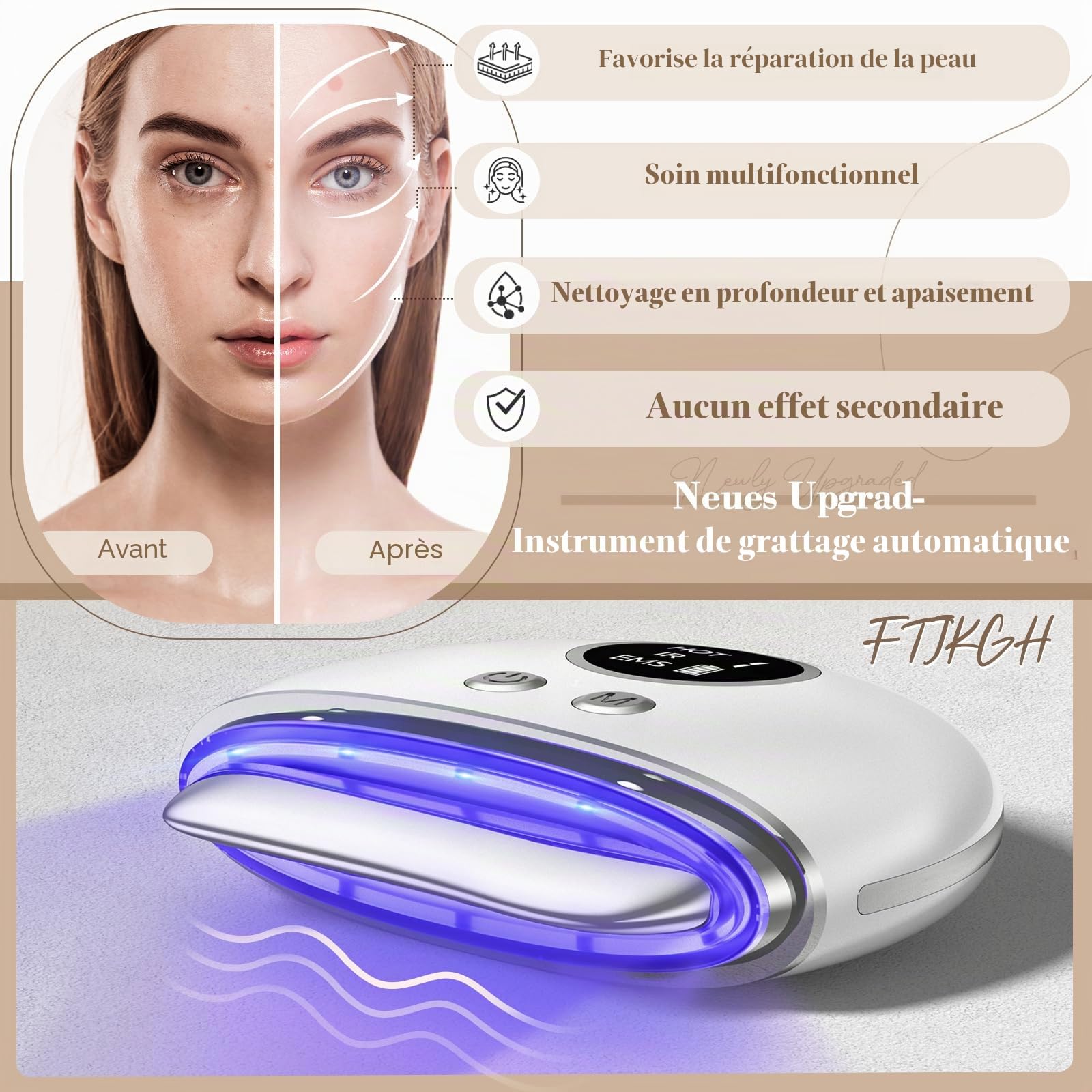 Appareil Gua Sha Électrique Visage, Massage Anti-Rides, 3 Modes EMS, Raffermissement Visage, Lifting, Double Menton, Appareil de Tonification Visage avec Lumière LED