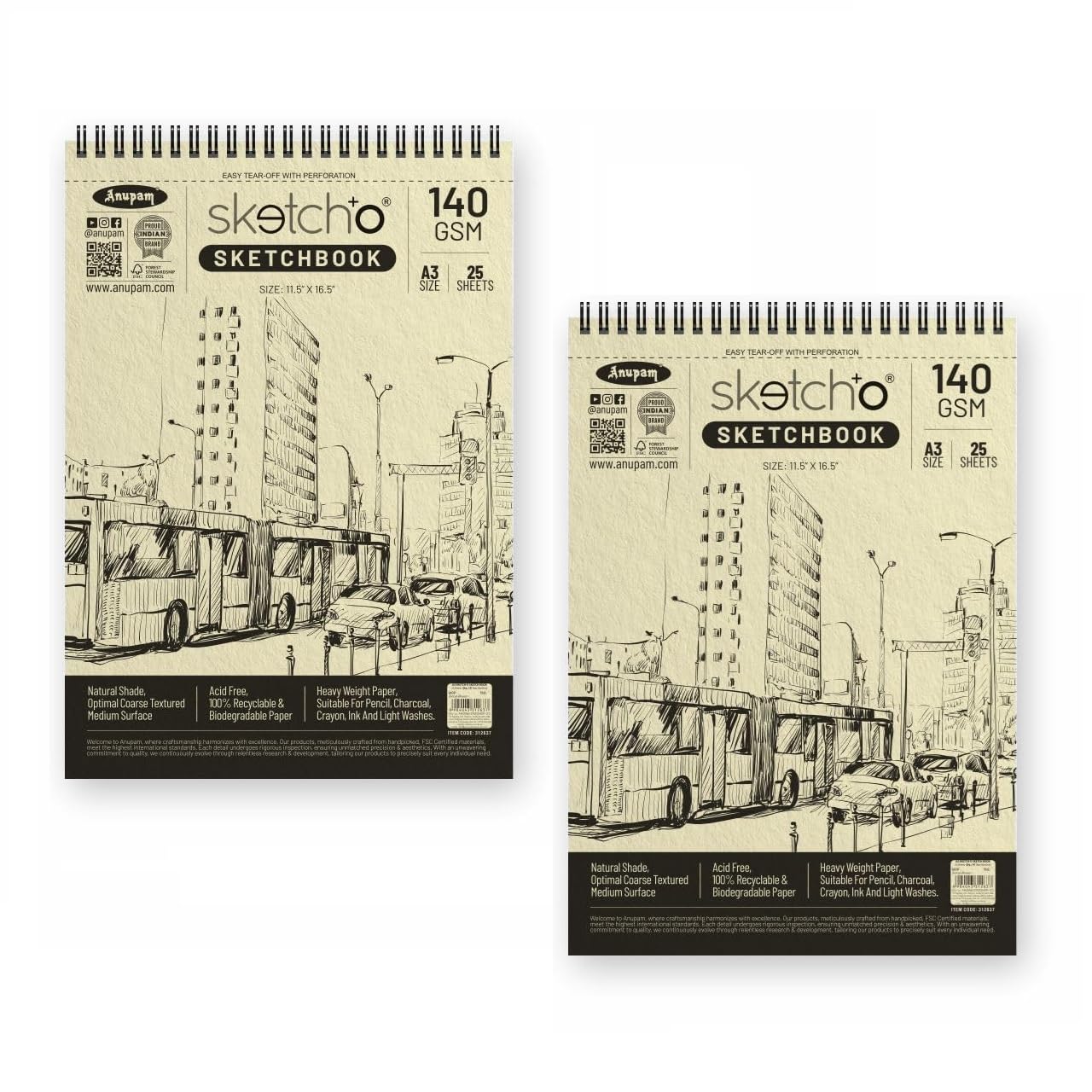 Anupam Sketch-O Sketchbook A3 | 25 Sheets 50 Pages | 140GSM | Durable Acid Free Drawing Paper | Professional-Grade Sheets | Top Spiral-Bound Sketchpad for Artists & Professionals (Pack of 2)