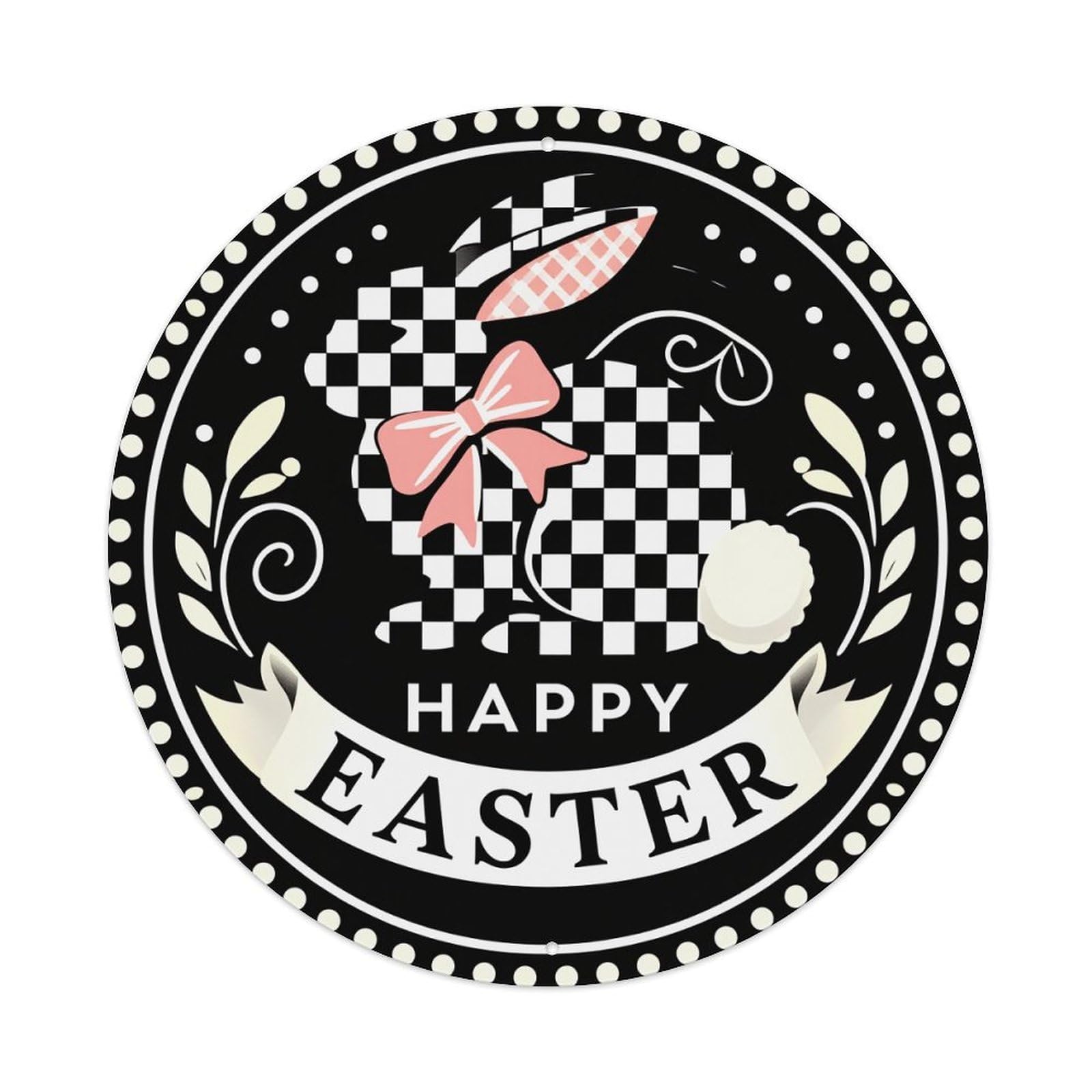 Checkered Bunny With Bow And Hat Round Tin Sign Vintage Metal Poster, Home Bar Garage Man Cave Cafe Indoor & Outdoor Wall Decoration 8x8Inches