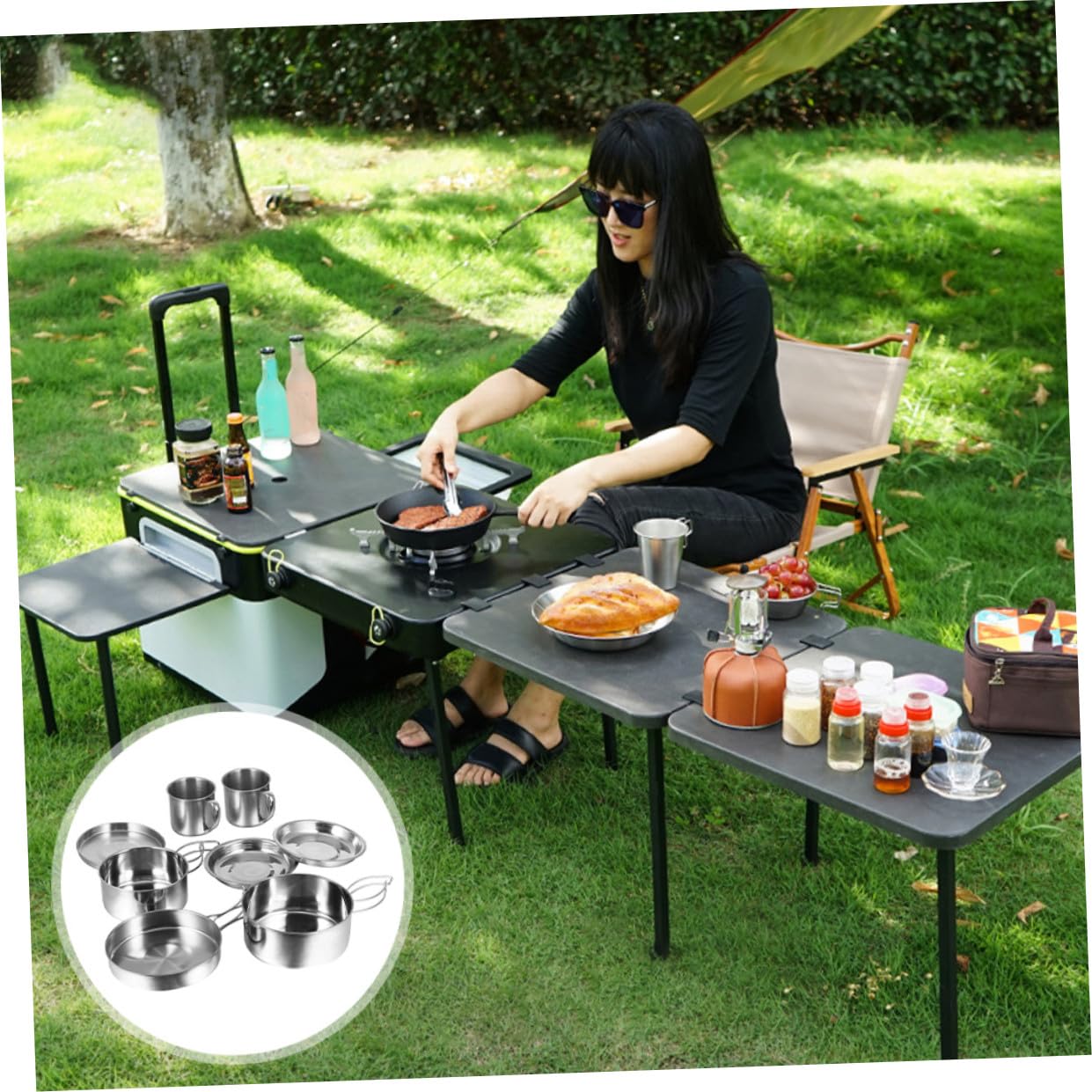 PartyKindom Ustensiles Cuisine De Camping INOX 8 Pièces Pliables, Batterie De Casseroles en Acier Inoxydable, Poêle Multifonction Légère, pour 5-6 Personnes, Randonnée Et Pique-niques en Plein Air