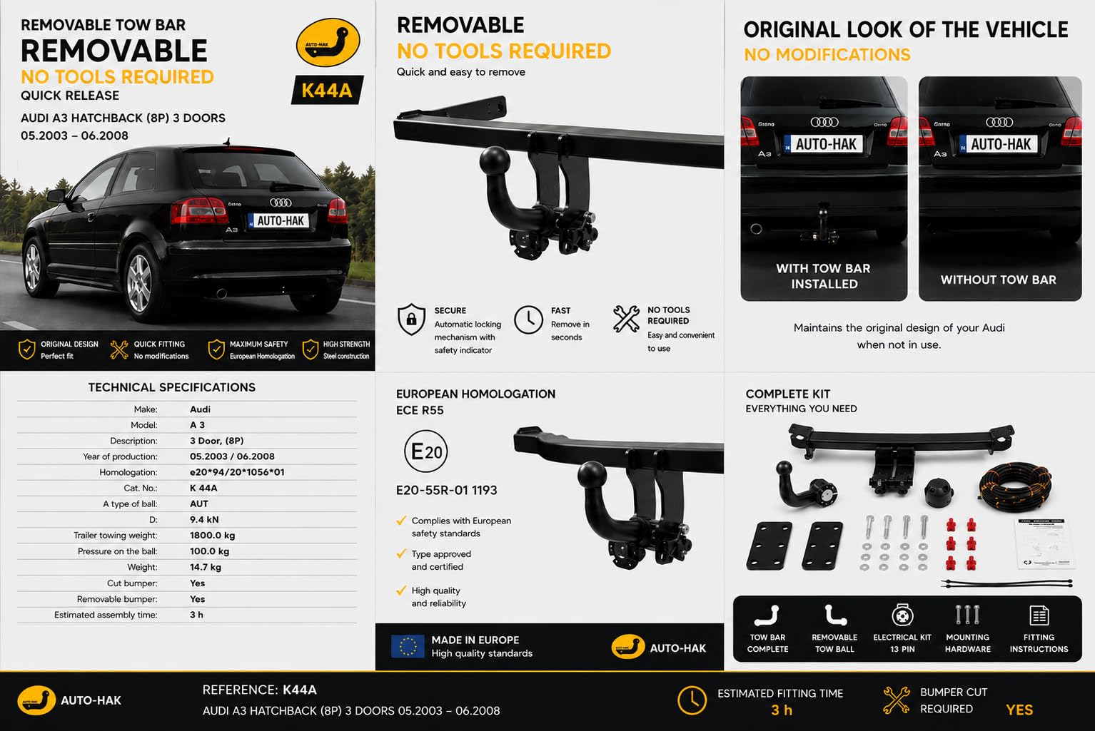 Enganche Remolque Desmontable para Audi A3 / 3 Puertas (8P) 05/2003-06/2008 | Kit Completo con Instalación Eléctrica de 13 Pines | Homologado E20 | Capacidad de Remolque 1800 kg | Ref. K44A