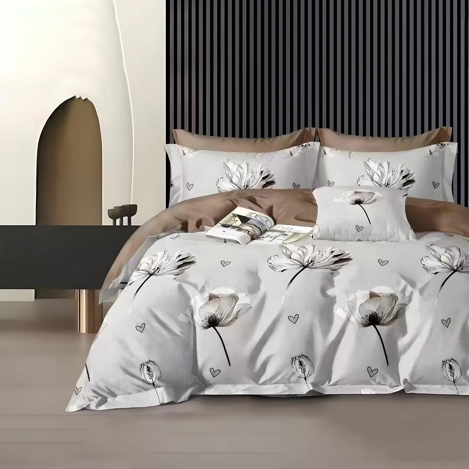 6pcs King Size Fitted Bed Sheet Duvet Cover 220x240 With 4 Pillow Covers, High Cotton Blend Quality 6pcs King Bedding Set With Duvet Cover King Size- King (6F86)