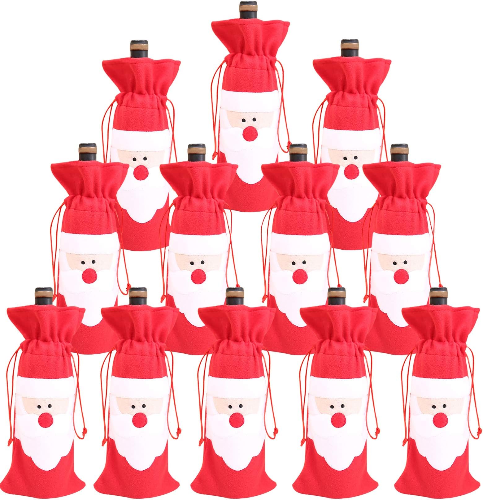 Santa Claus Christmas Wine Bottle Bags Red Wine Bottle Cover with Drawstring for Xmas Party Table Decor (12 Pack)