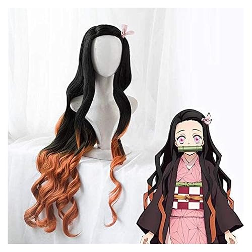 Miniatura 2 de MAGGAZ Anime Kamado Nezuko Cosplay Wig Blade of The Demon Slayer Kimetsu no Yaiba Halloween Anime Curly Hair Mixed Black Brown + Wig Cap KEEBON