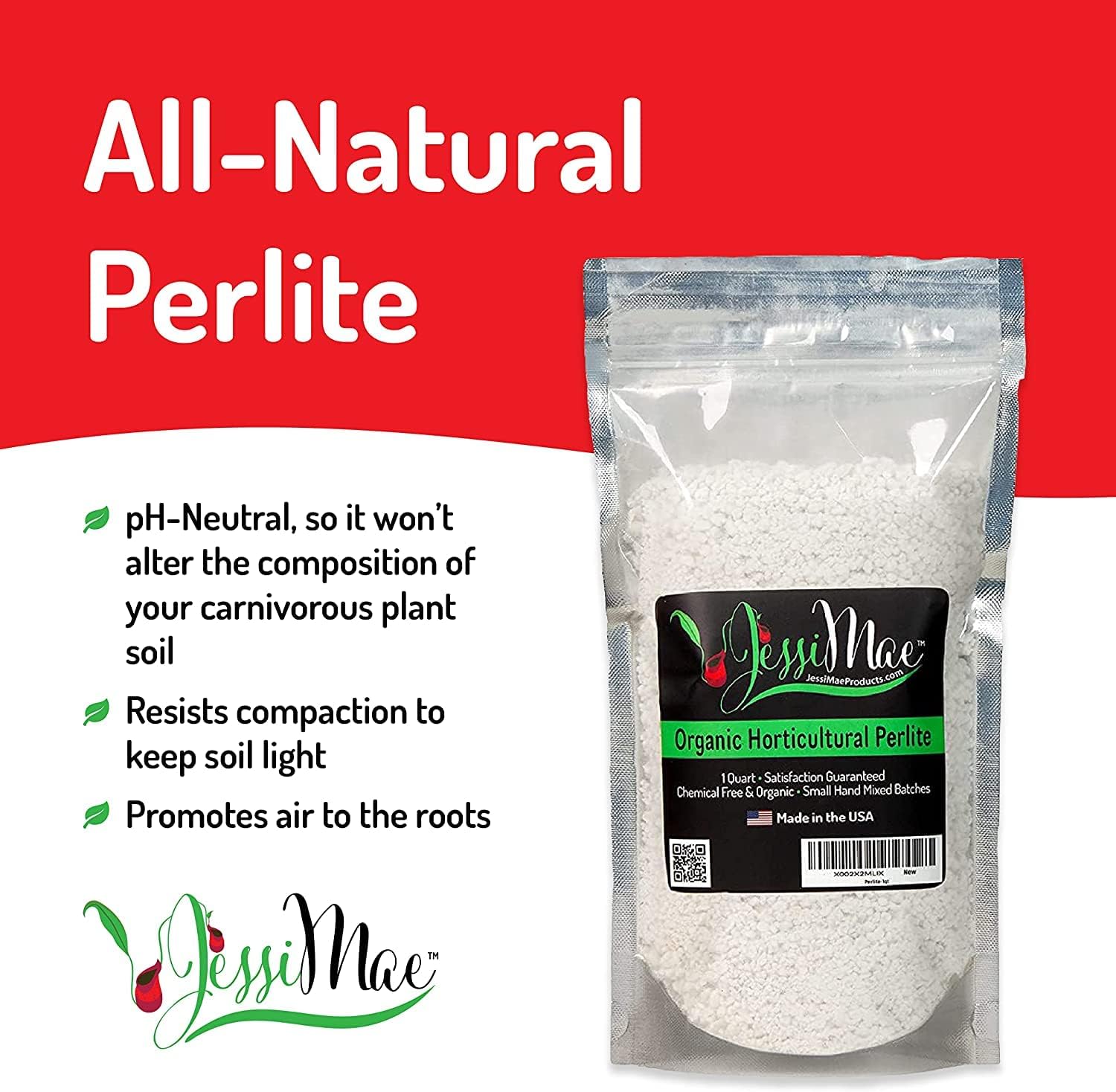 Jessi Mae - Organic Horticultural Perlite - Neutral Grit and Soil Amendment for Plant Drainage - Promotes Aeration, Water Movement in Indoor Soil - For Cactus and Succulent Soil - 1 Quart