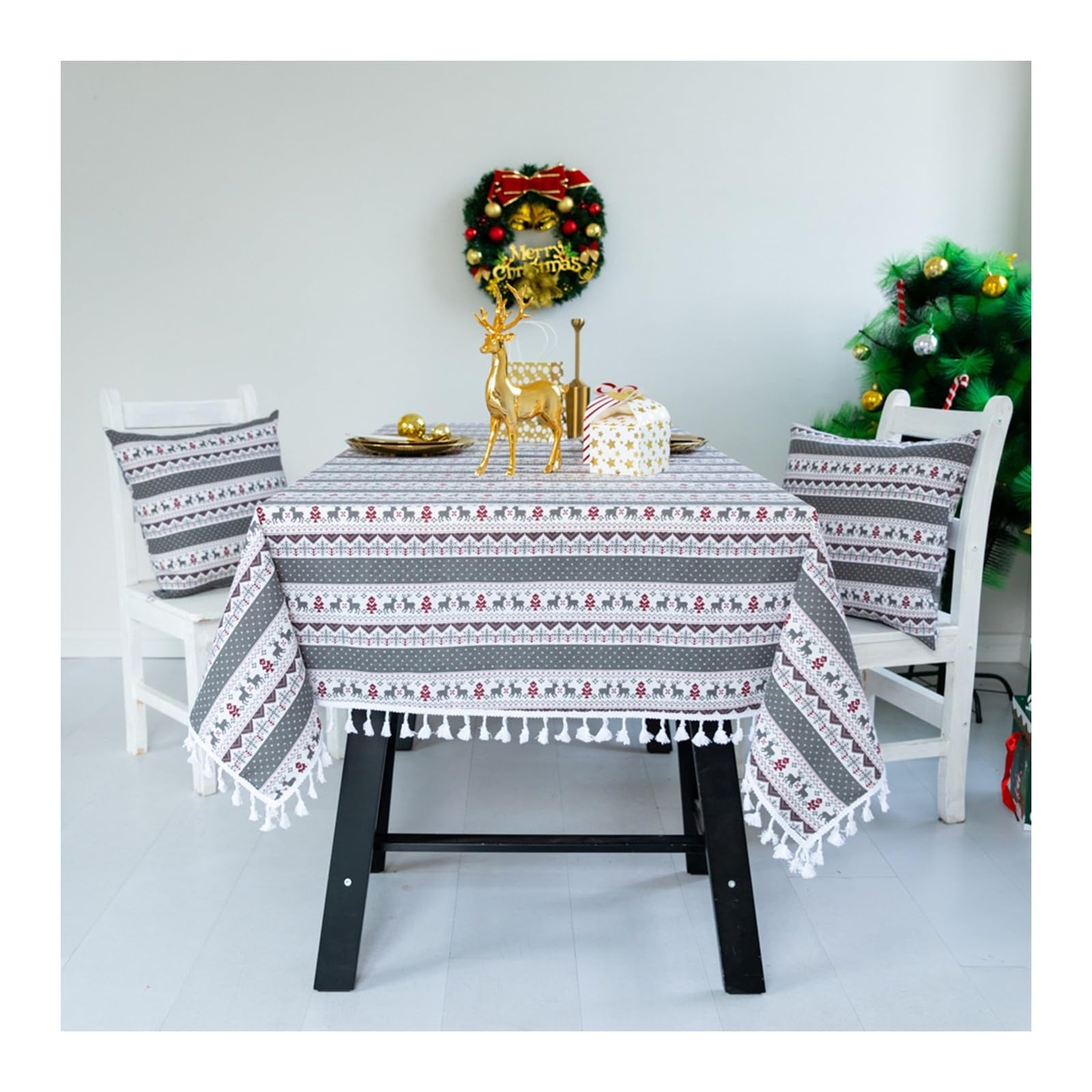 Nappe Noël 140x300cm en lin gris à rayures et rennes KnSam