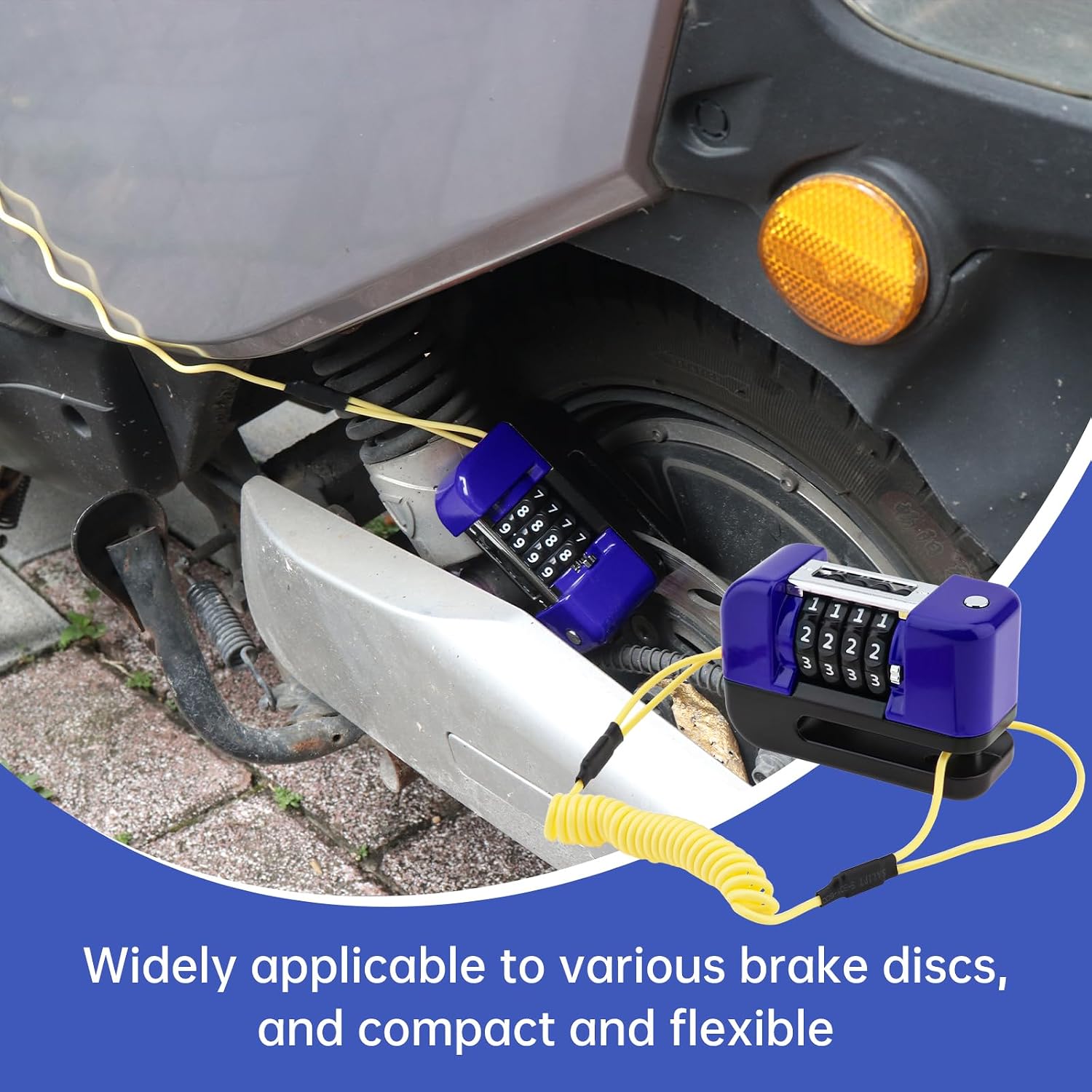 Windance Motorcycle Disc Brake Lock with Reminder Cable, Anti Theft Combination Wheel Lock,Waterproof Aluminum Alloy Keyless Password Security for Motorcycle Scooter Dirt Pit Bike E-Bike (Blue)