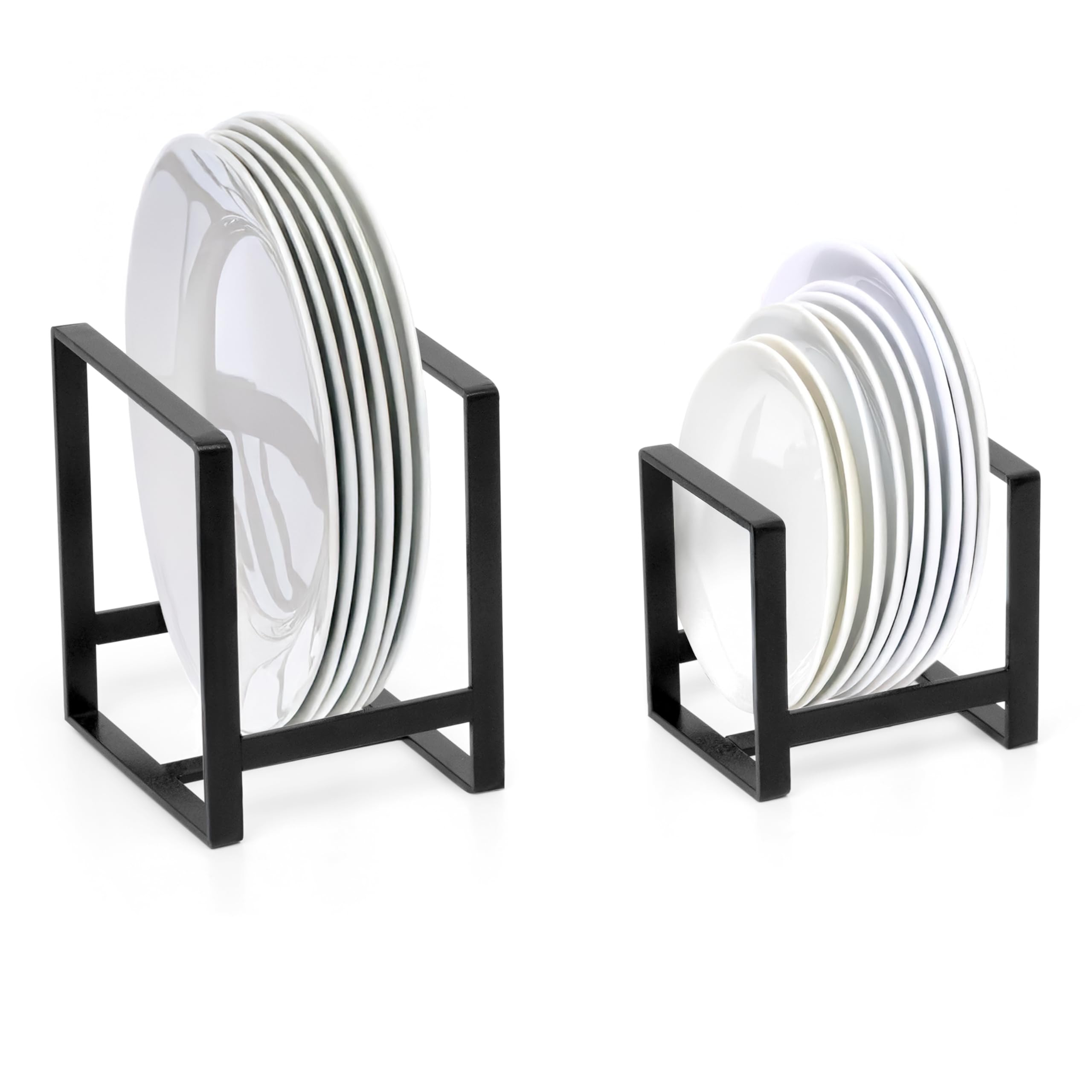 Livzing 2Pcs Plate Stand - Plate Holders - Metal Plate Dish Organizer Drying Rack for Kitchen Cabinet & Countertop - Utensil Storage Stand for Plates, Lids, Cutting Boards, Bowl (Small & Large Black)