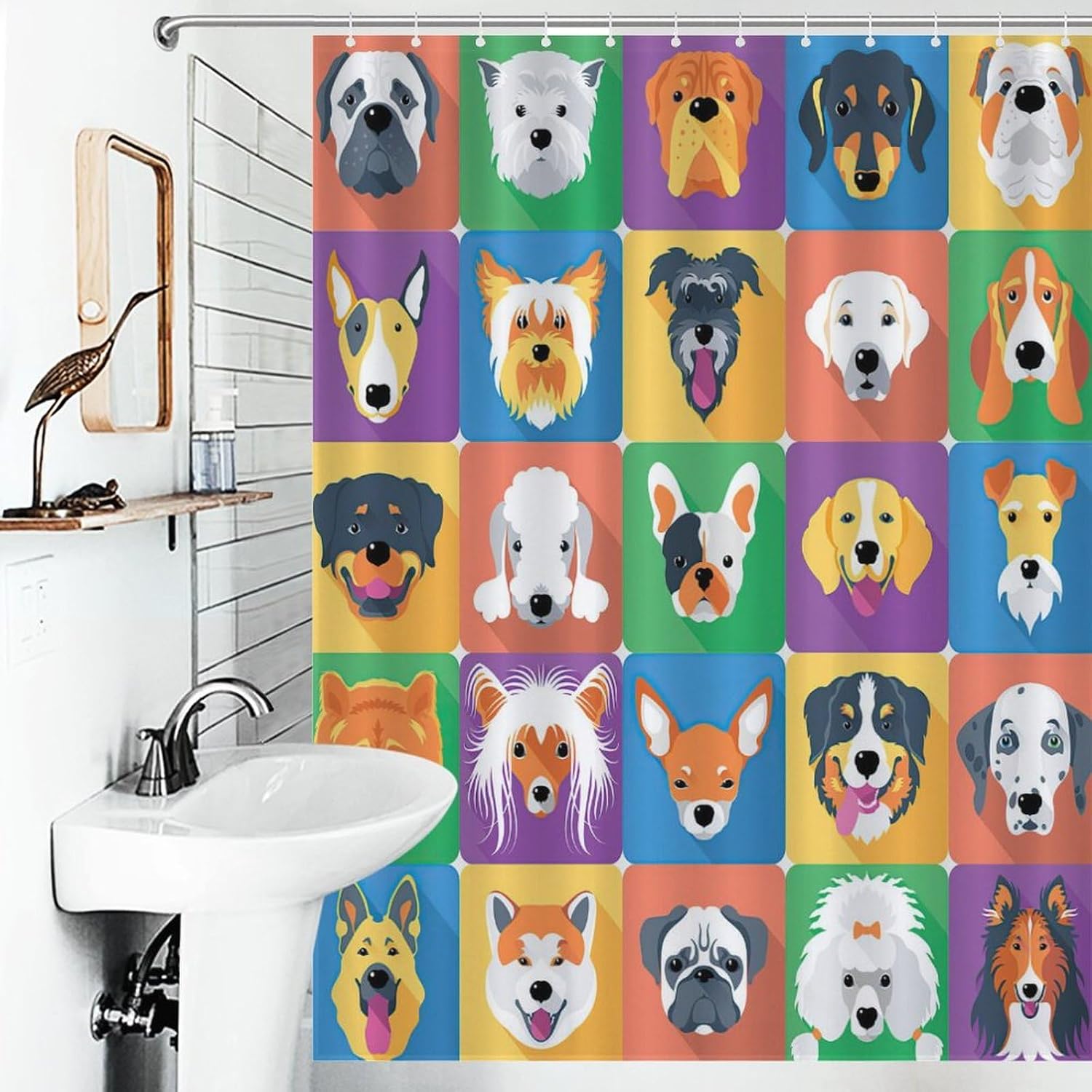 Cartoon Dog Shower Curtain, Dog Breeds Profiles Pets Animals Shower Curtain Sets for Bathroom Fabric Bath Curtain 12 Hook 55x72Inch（140x183cm）
