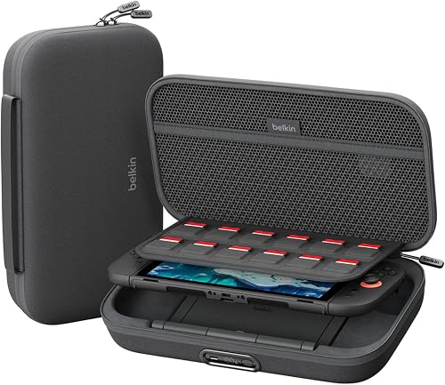 Belkin Gaming Pro Funda con Batería Externa 10000 mAh para Switch 2 Carbón | Estuche de Viaje con Power Bank Extraíble 10000 mAh, 30W, Compartimentos para AirTag y 12 Tarjetas de Juegos, Carcasa Rígida.