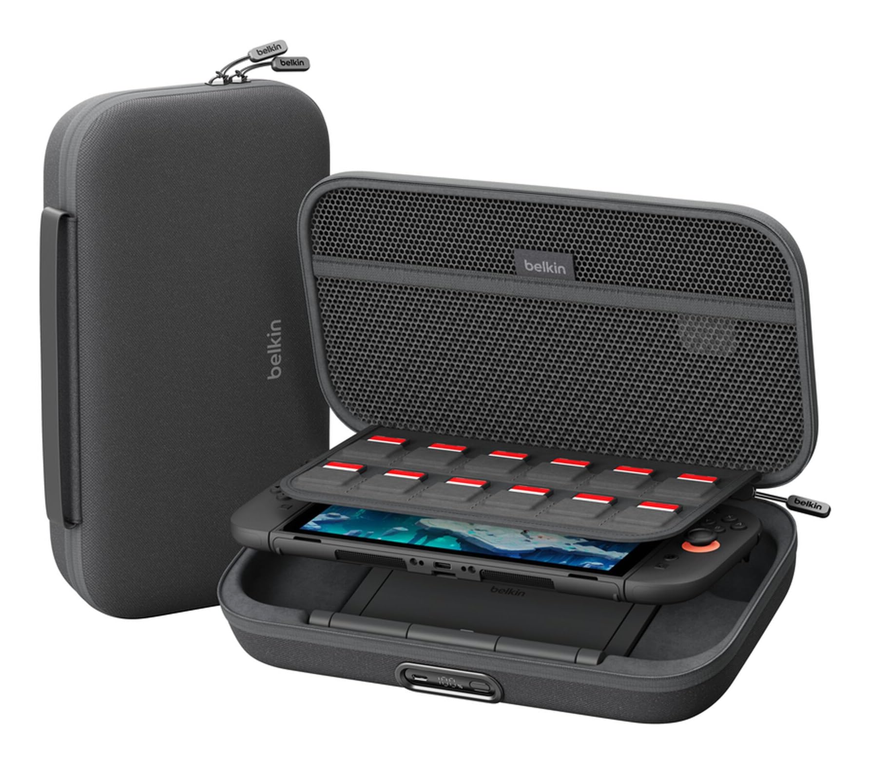 Belkin Gaming Custodia Pro per Nintendo Switch 2, Power Bank 10K - Carbone | Custodia da Trasporto con Power Bank 10000mAh 30W Rimovibile, Borsa da Viaggio, Slot AirTag, 12 Slot Giochi, Guscio Rigido