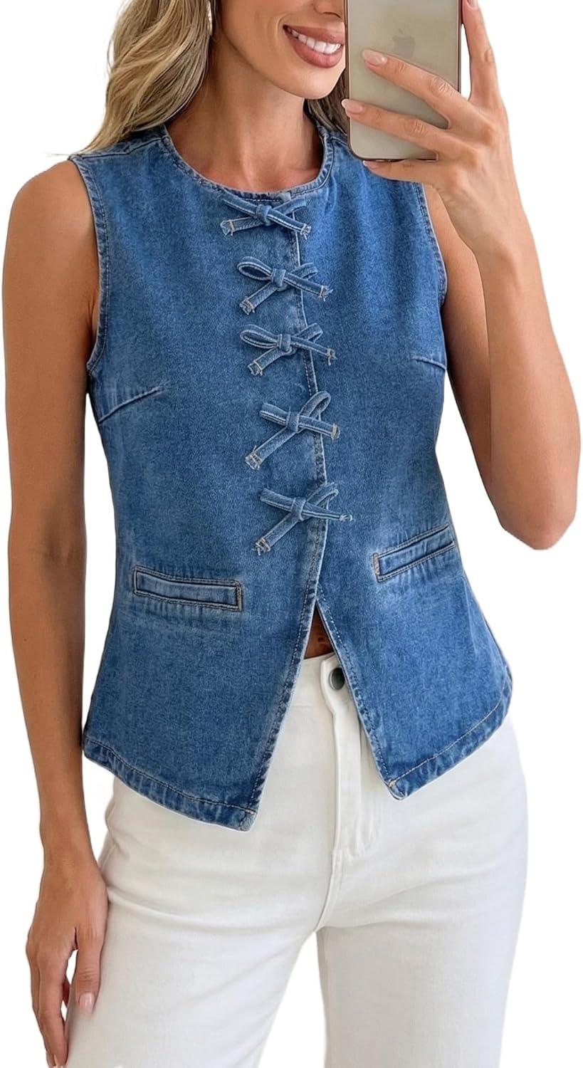 Women's Bow Front Denim Vest Button Down Crewneck Sleeveless Fitted Jean Vest Top