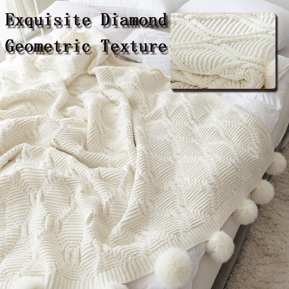 White Chenille Knitted Throw Blanket Geometric Textured Weaving Chunky Blanket with 16pcs Pompoms Ultra Soft Warm Pom Blanket Gift for Sofa Bed Couch Home Decor 50x 60 in (Pure White, 50x60 in) - Image 3