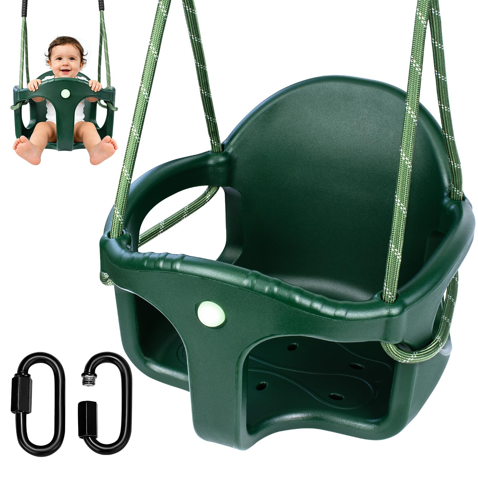 Columpio para bebé, columpio para exteriores, respaldo alto, carcasa de plástico, asiento con cuerda ajustable de 1,3 – 2 m y 2 mosquetones, columpio de jardín para niños que crece en crecimiento