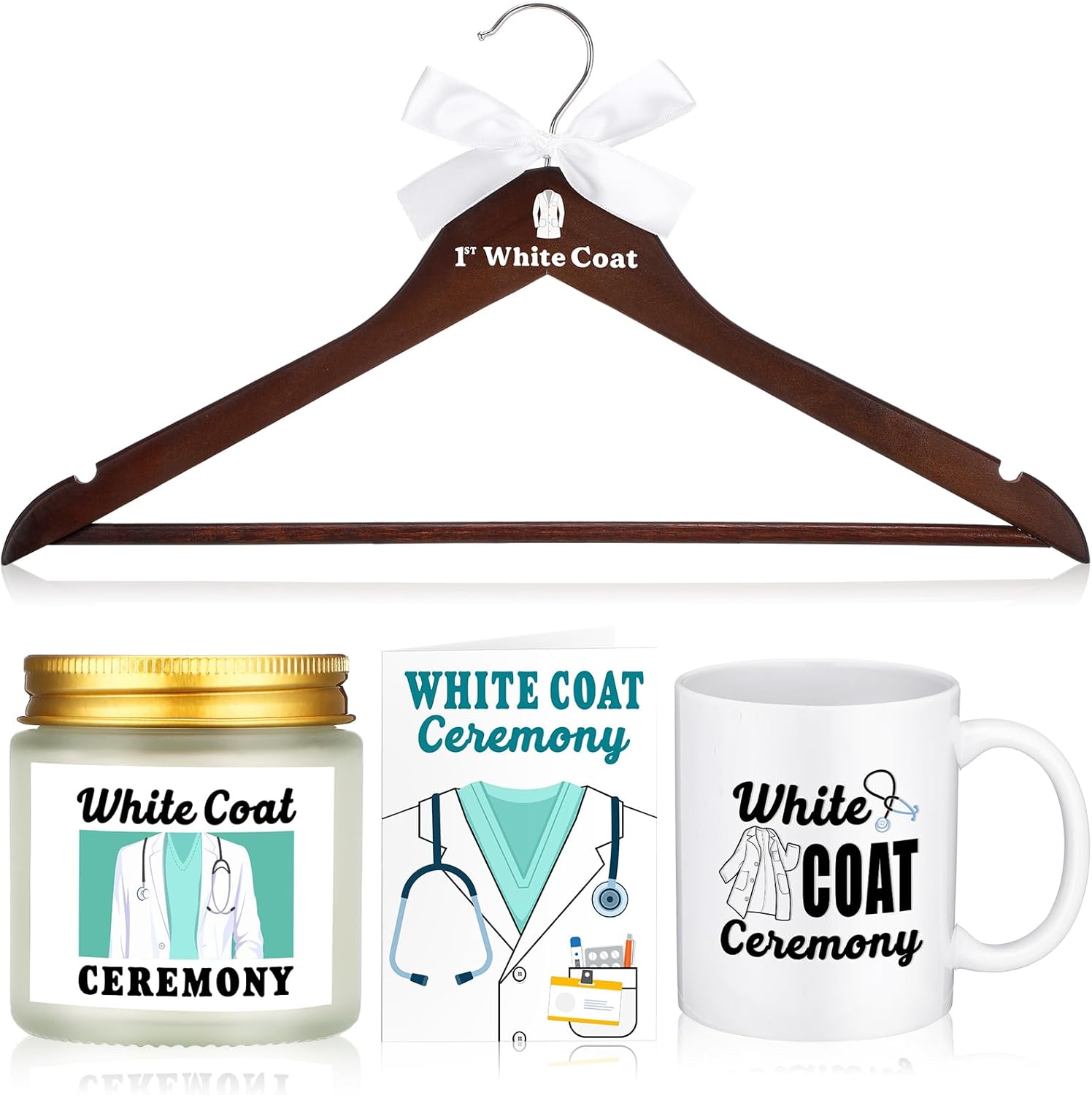 Nuanchu 4 Pcs White Coat Ceremony Gifts for Men Women Medical Student Include First White Coat Hanger Doctor Candle Mug Card Gift for Med School Pharmacist New Doctor