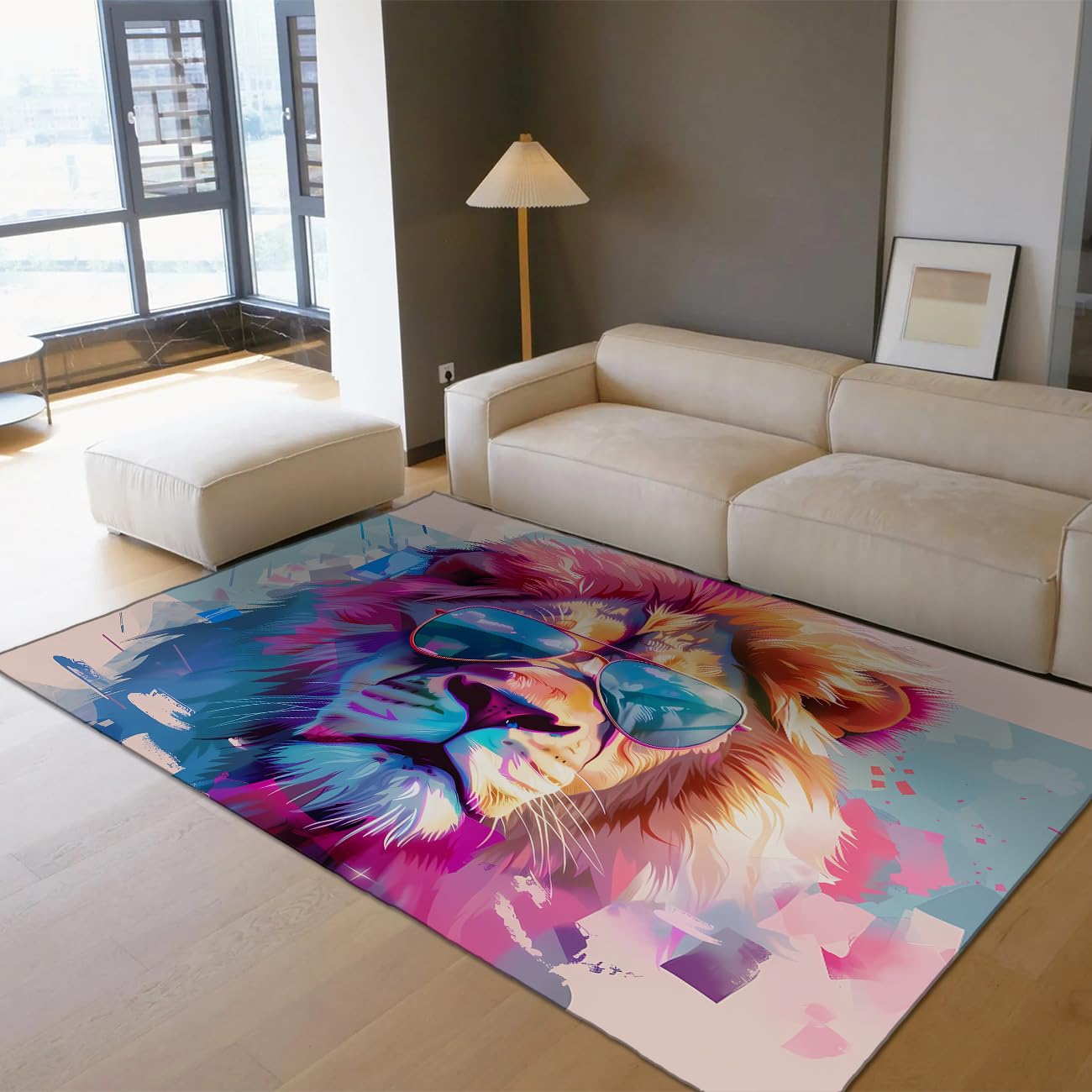 Tapis de sol salon lavable et grand tapis imprimé Lion 3D pour la nursery
