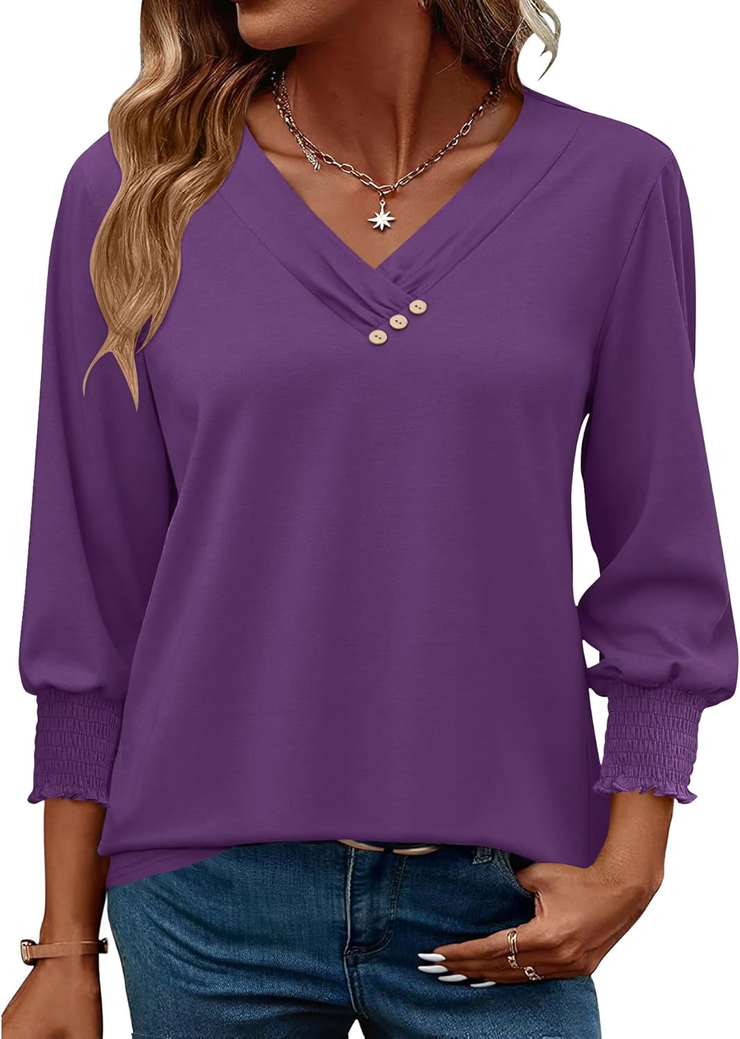 LOMON Blouses for Women Dressy Casual 3/4 Length Sleeve Womens Tops with Buttons Decor - Image 2