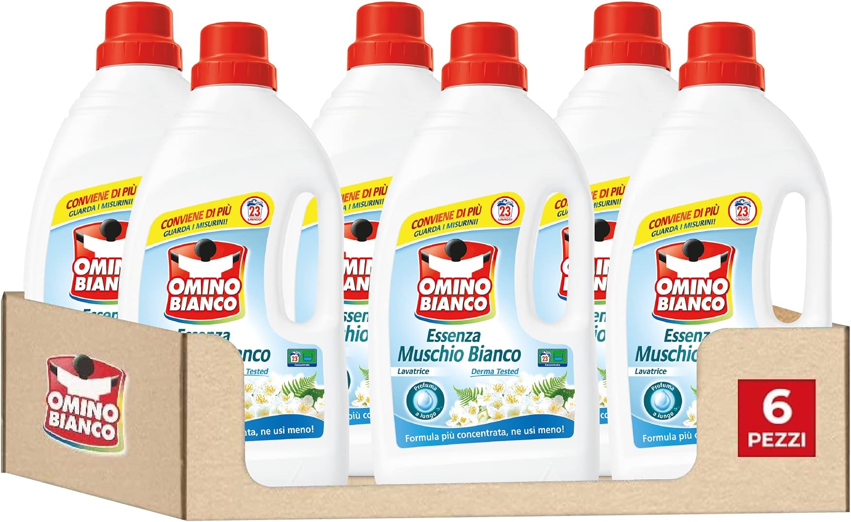 Omino Bianco - Liquid Washing Machine, 138 Washes, Respects Colours and Fabrics, Fresh Scent with White Musk Essence, 1160 ml x 6 Packs
