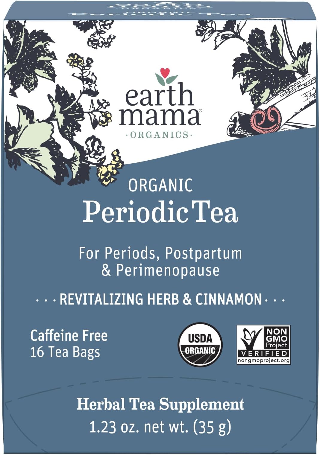 Earth Mama Organic Periodic Tea | 100% Organic Herbal Support for Periods, Postpartum & Perimenopause, 16 Teabags Per Box