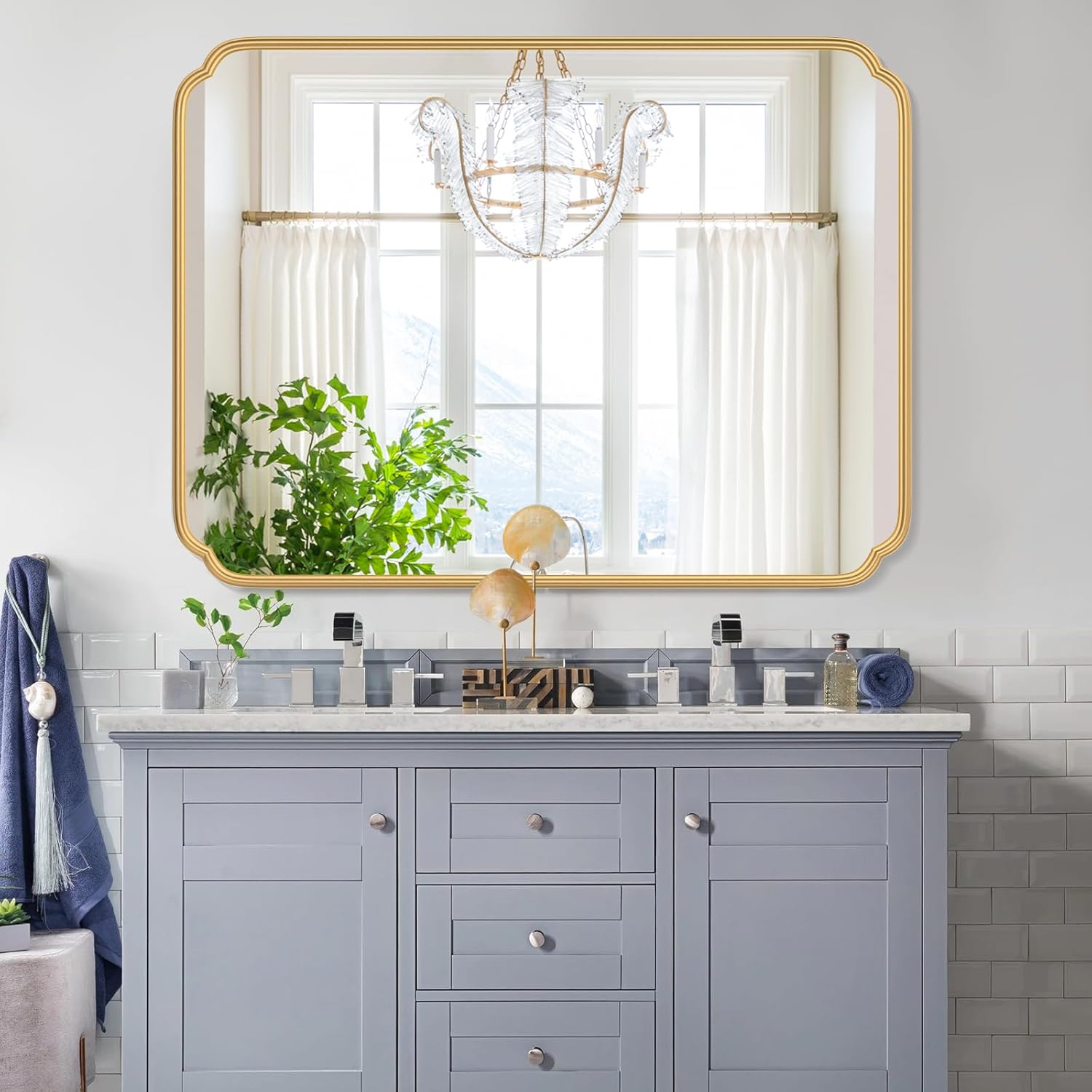 Ferytange 30" x 40"Gold Bathroom Mirror for Over Sink, Modern Rounded Corner Rectangle Wall Mirror for Bathroom Vanity Decorative with Non-Rusting Iron Metal Framed (Horizontal/Vertical)