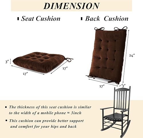 Miniatura 3 de Juego de 2 cojines para silla mecedora, de terciopelo, para respaldo alto y asiento, color marrón