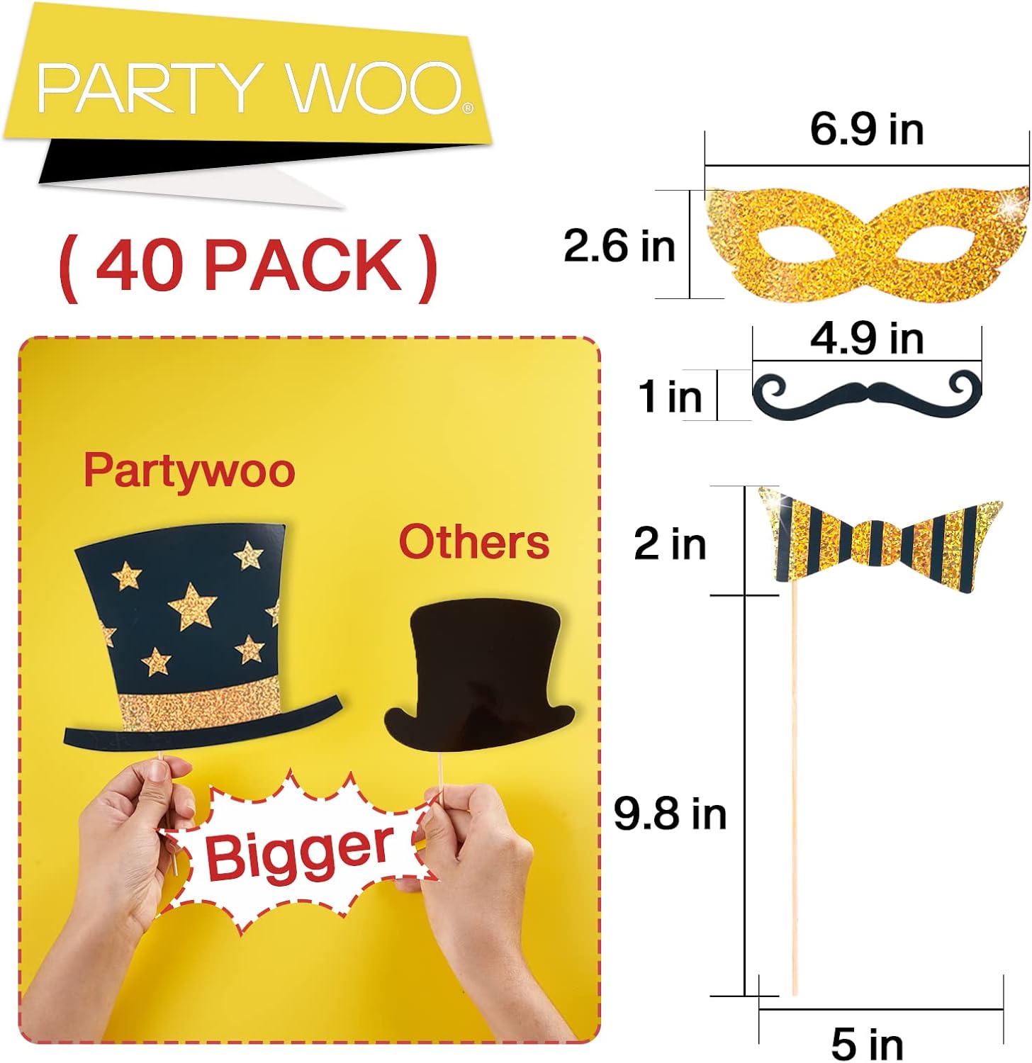 PartyWoo Photo Booth Props Birthday, 40 pcs Glitter Photo Booth Backdrops with Large Hats Glasses Mustaches, Black and Gold Party Favors Signs for Selfie Photobooth 30th 40th 50th 90th Birthday Men : Home & Kitchen