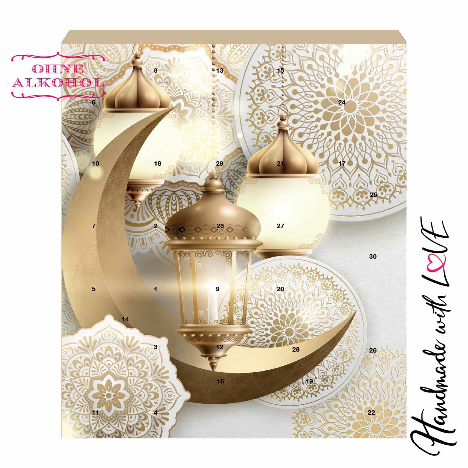 Hallingers Genuss Manufaktur Pralinen Halal Ramadan - ohne Alkohol, handmade aus Edelkakao in wertigem Softfeel-Karton "Ramadan - Mubarak", Kareem Maburak für Frauen Männer