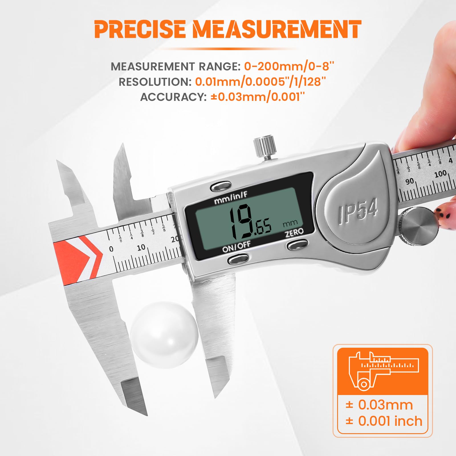 HARDELL Calibrador digital de 8 pulgadas, calibradores IP54 resistentes con 3 baterías y cubierta adicional, micrómetro digital de acero inoxidable, calibrador Vernier, pulgadas/mm/fracción, apagado